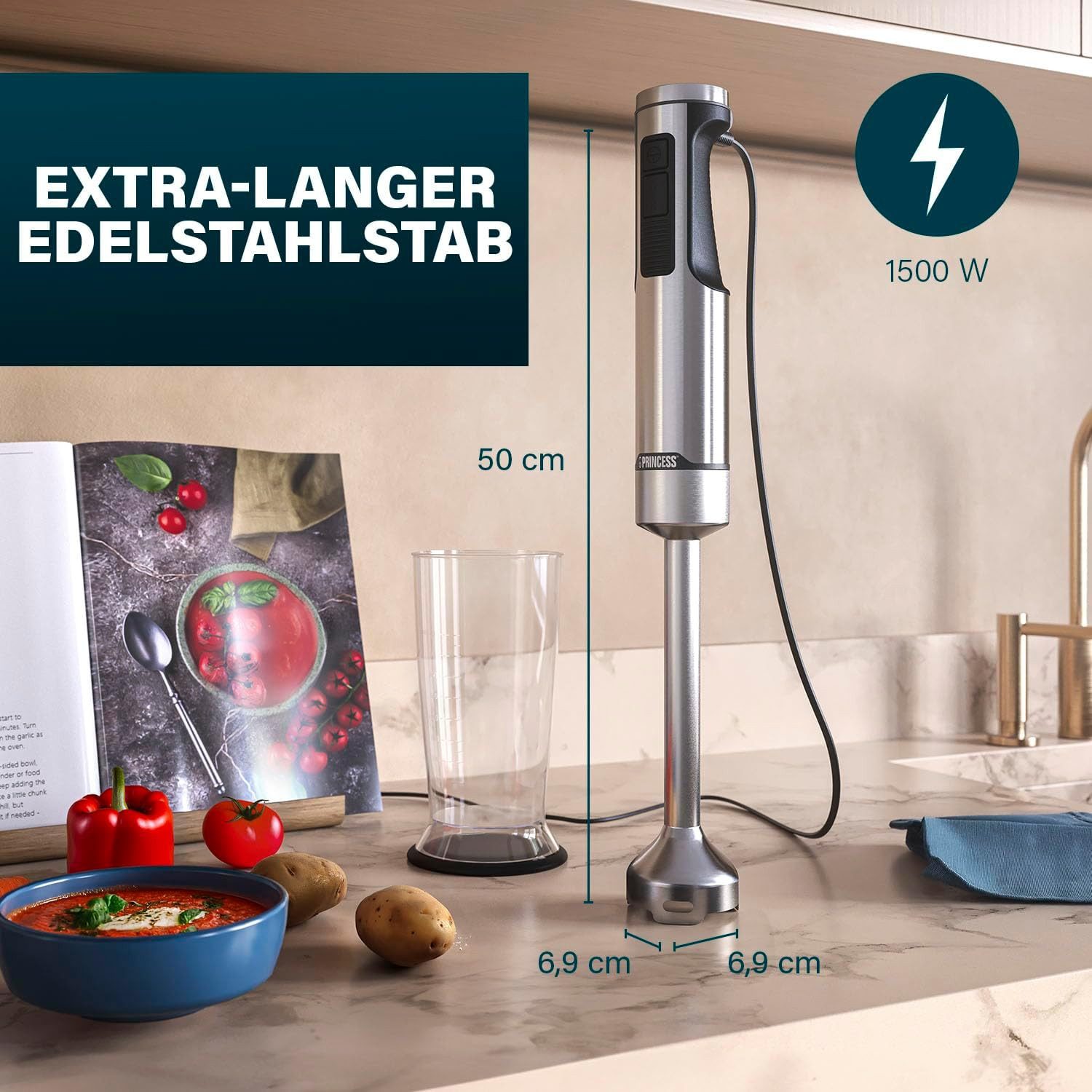 PRINCESS Handmixer Princess 221233 Stabmixer Prof XXL – Extra langer Mixstab – 1500 W, 1500 W, XL-Edelstahlstab - 1500 Watt