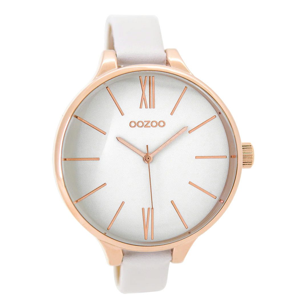 OOZOO Quarzuhr XXL Damenuhr C9540 – 45mm Analoguhr mit rosefarbenem Gehäuse und, weißem Lederarmband für elegante und moderne Looks