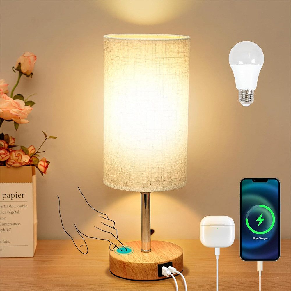 TUWENA LED Nachttischlampe LED-Schreibtischlampe mit USB-A/C-Anschlüssen und Touch-Dimmer