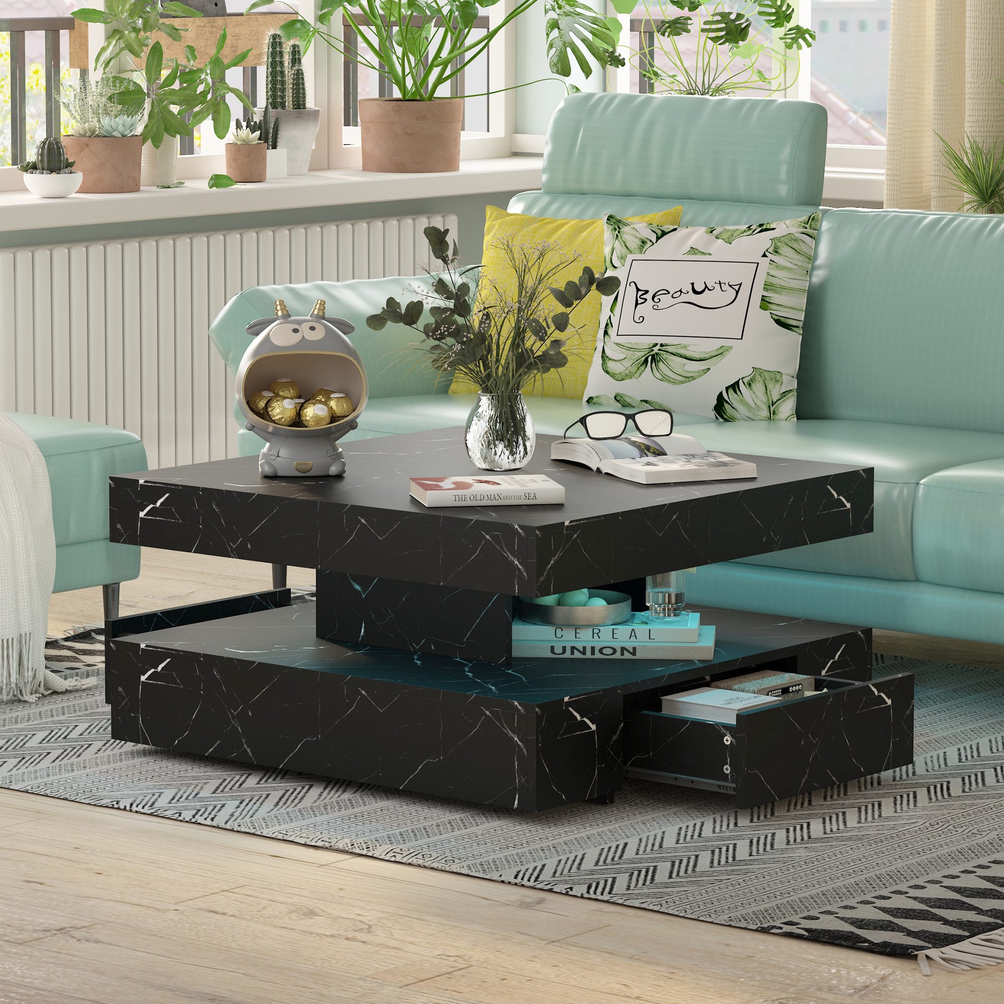 radelldar Couchtisch mit LED-Beleuchtung, 2 Schubladen und verdecktem Stauraum (1-St), Wohnzimmertisch matt 78x78x40 cm