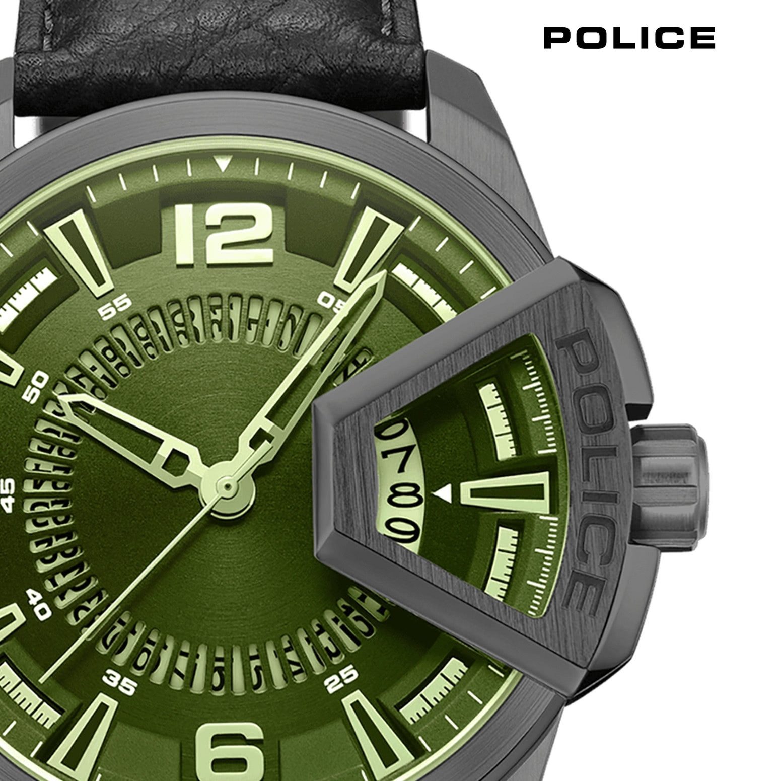 Police Quarzuhr Police Herrenuhr Leder schwarz, (Analoguhr), Herrenuhr rund, extra groß (ca. 46x53mm) Lederarmband
