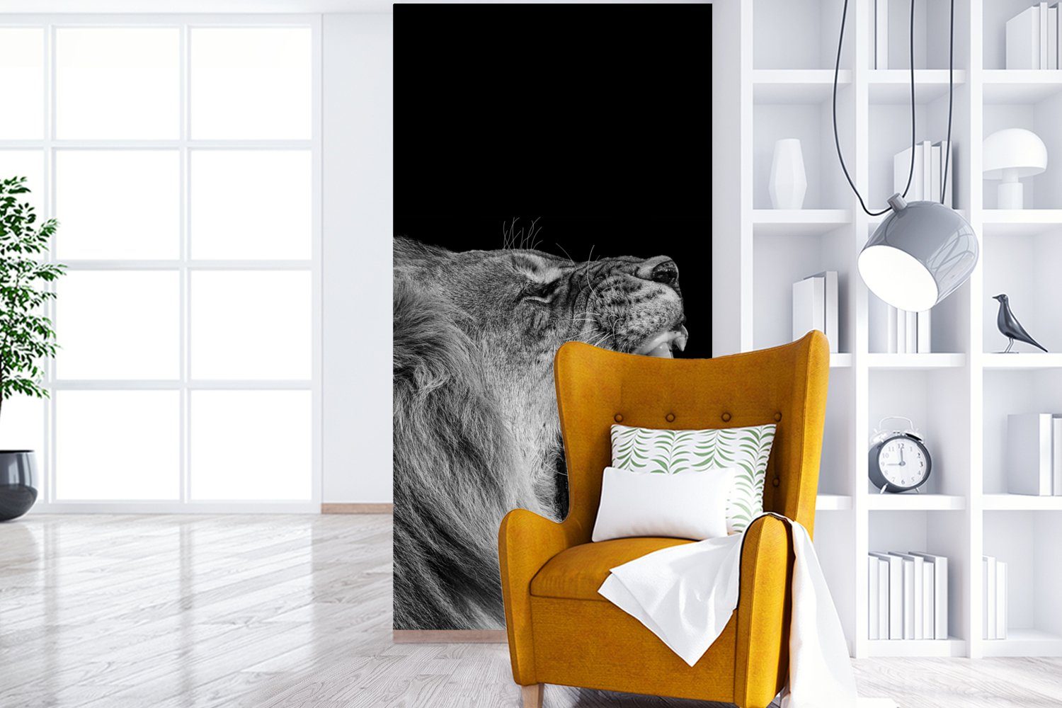Küche, - Schwarz Matt, für Weiß Fototapete - Tiere Fototapete - St), MuchoWow - Wohnzimmer Porträt, Schlafzimmer (2 bedruckt, Vliestapete Löwe