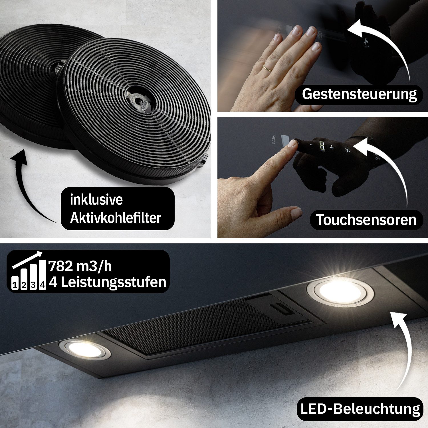 KKT KOLBE Wandhaube Dunstabzugshaube 80cm TRIO8025S Abzugshaube / Abluft / 80cm / Umluft / Schwarz / Gestensteuerung / LED – Bild 4 von 5