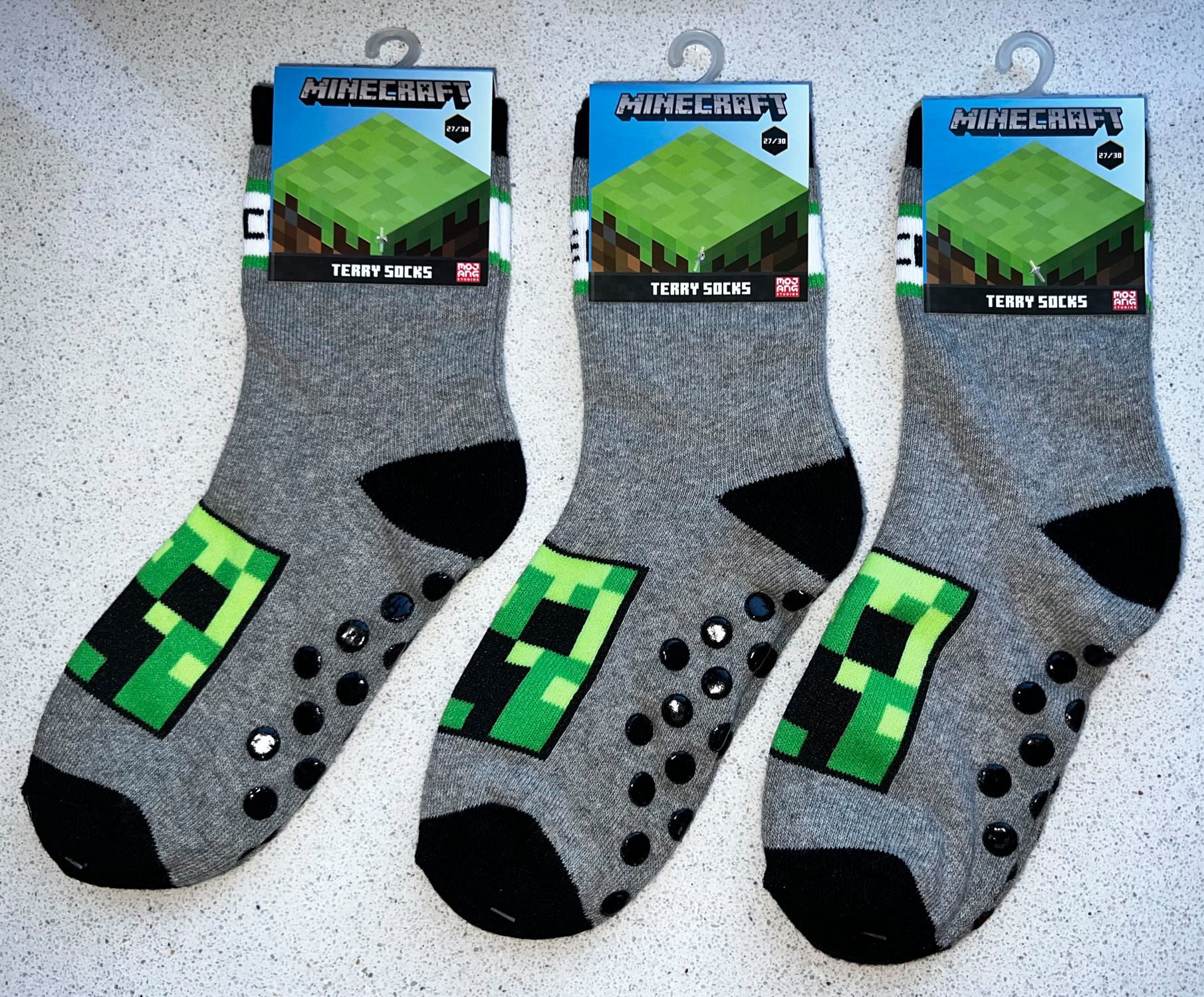 Minecraft Haussocken 3x MINECRAFT Socken mit Noppensohle grau 27/30 31/34 35/38