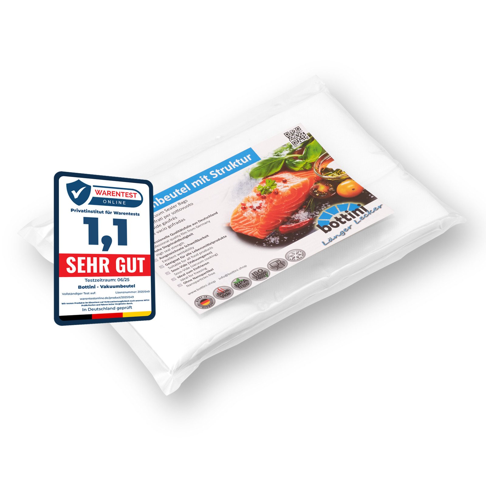 Bottini Vakuumierbeutel 200 Vakuumbeutel 20 x 30 cm mit Struktur, goffriert für Lebensmittel, Zubehör für Alle Balken Vakuumierer wie CASO, WMF, FreshVAC, Rommelsbacher, Gastroback, Foodsaver, Solis, Lava, Leifheit sowie alle Vakuumiergeräte von Silvercrest oder Medion uvm., besonders durchstoßfest, 105µm