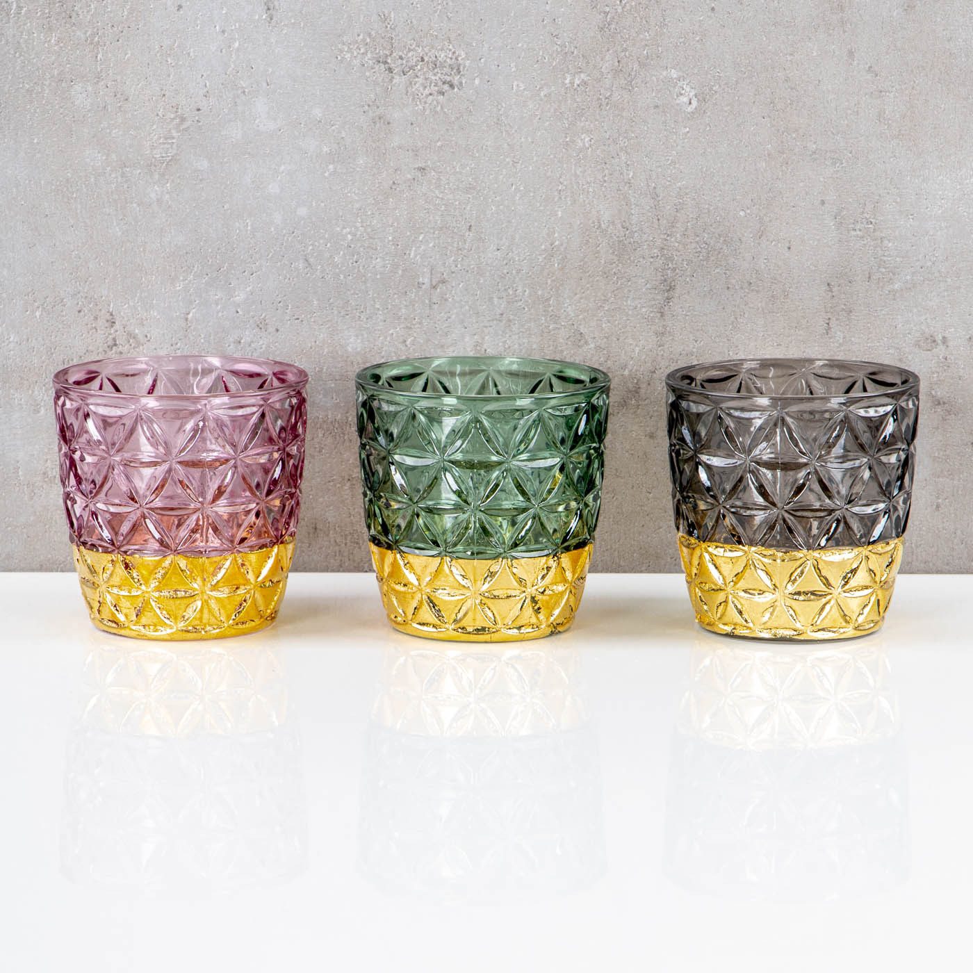 Levandeo® Teelichthalter, 3er Set Teelichthalter Glas Rosa Grün Grau H9cm Kerzenglas Retro