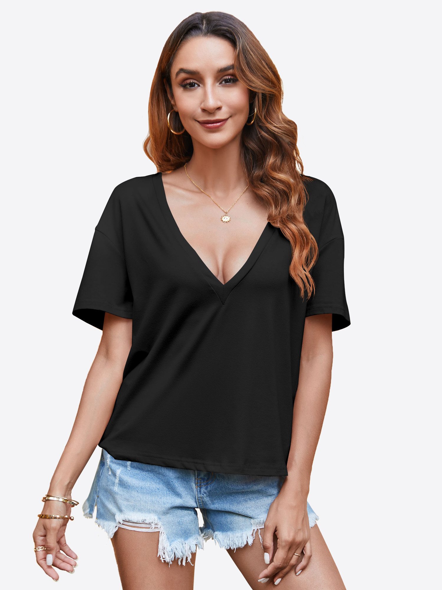 Imily Bela T-Shirt Damen Freizeit Kurzarmtop (Packung, 1-tlg., 1per-Pack) Einfarbig