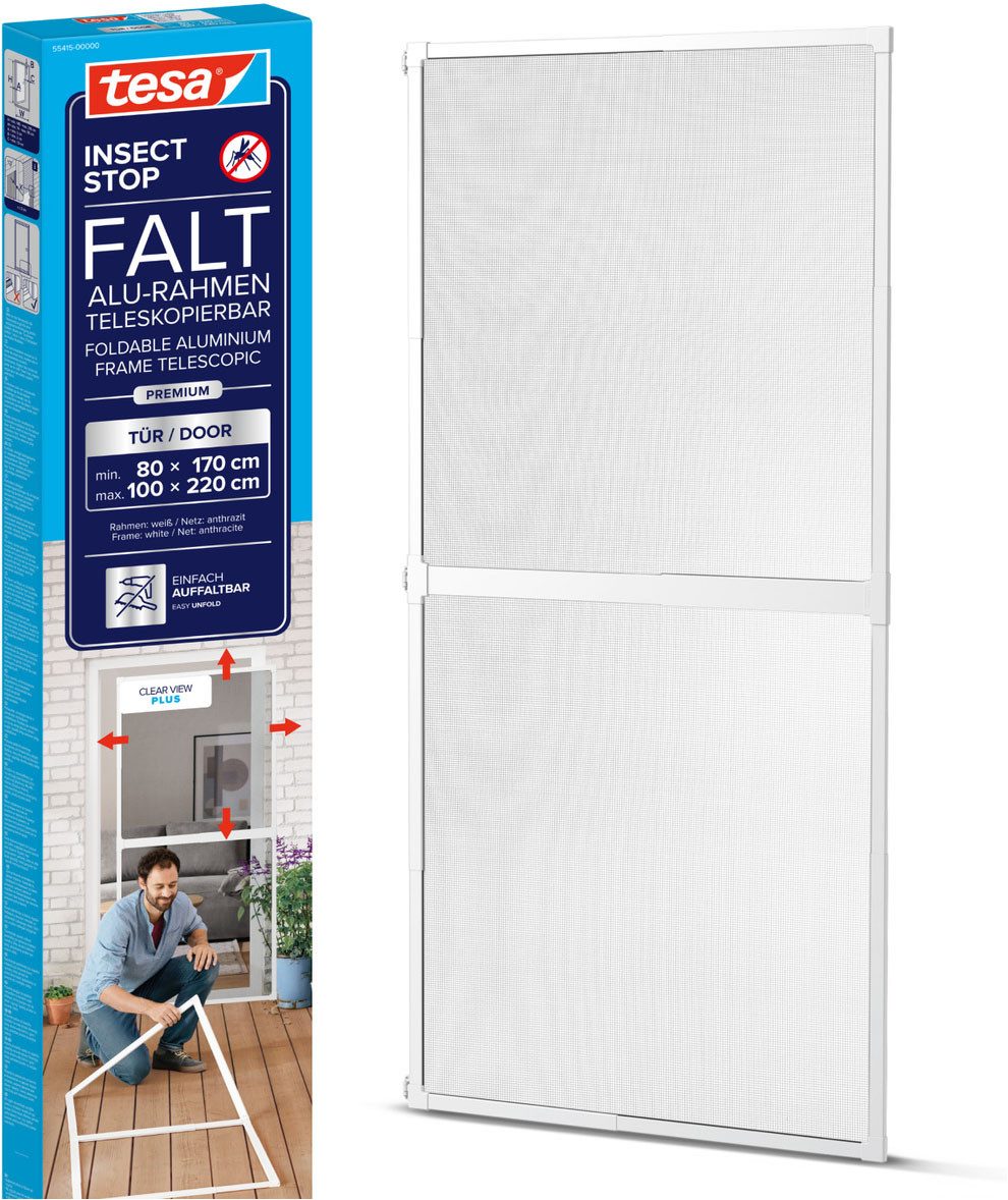 tesa Insektenschutz-Tür FALT Alu Rahmen teleskopierbar Premium für Türen, (Packung, 1-St., Teleskop Alu Rahmen), Alu Insektenschutz 80 cm x 170 cm bis 100x cm x 220 cm