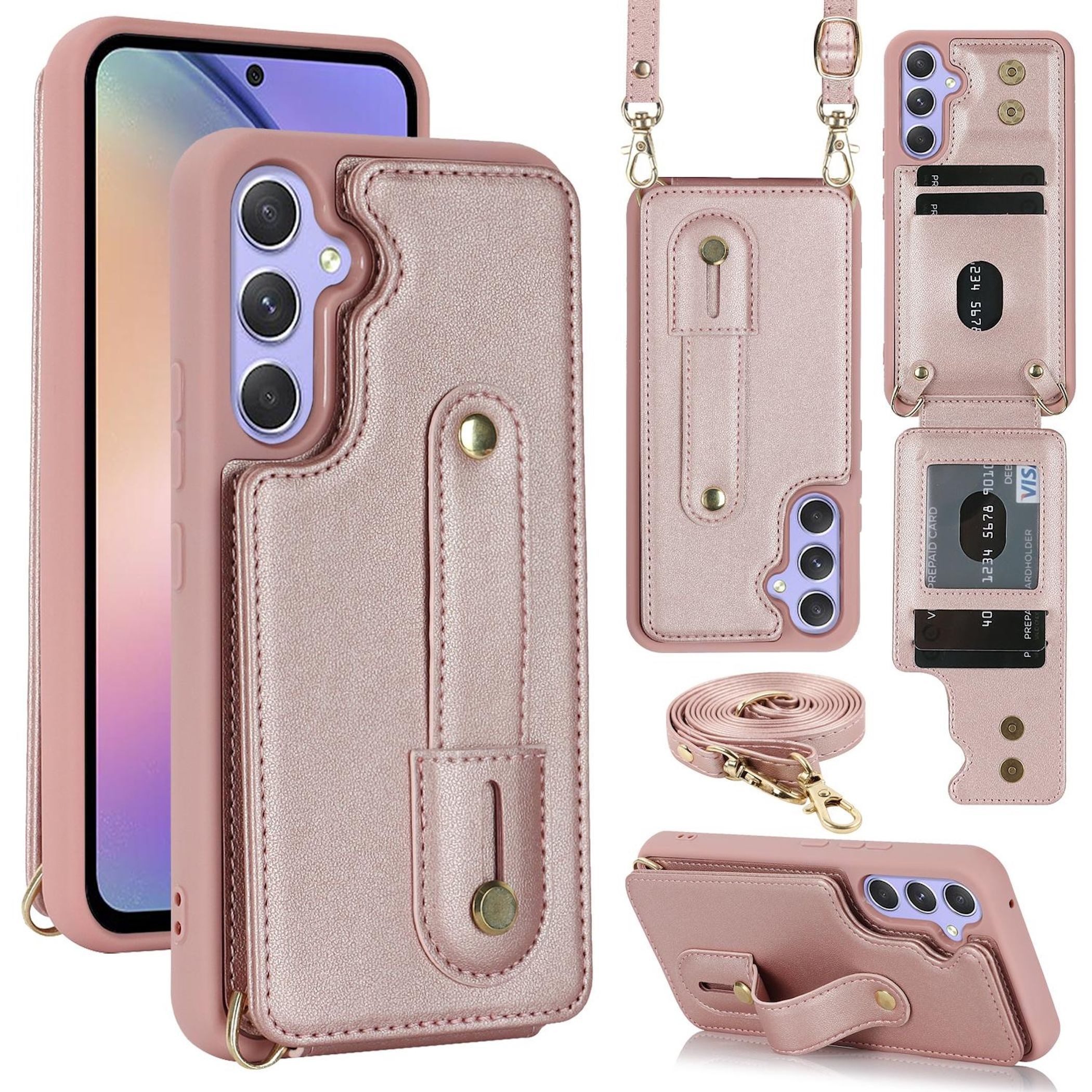 Wigento Handyhülle Fliphülle für Samsung Galaxy S26 Plus Kartenfach Umhängeband Rosa 6,7 Zoll, Kartenfächer, Handband, Umhängeband