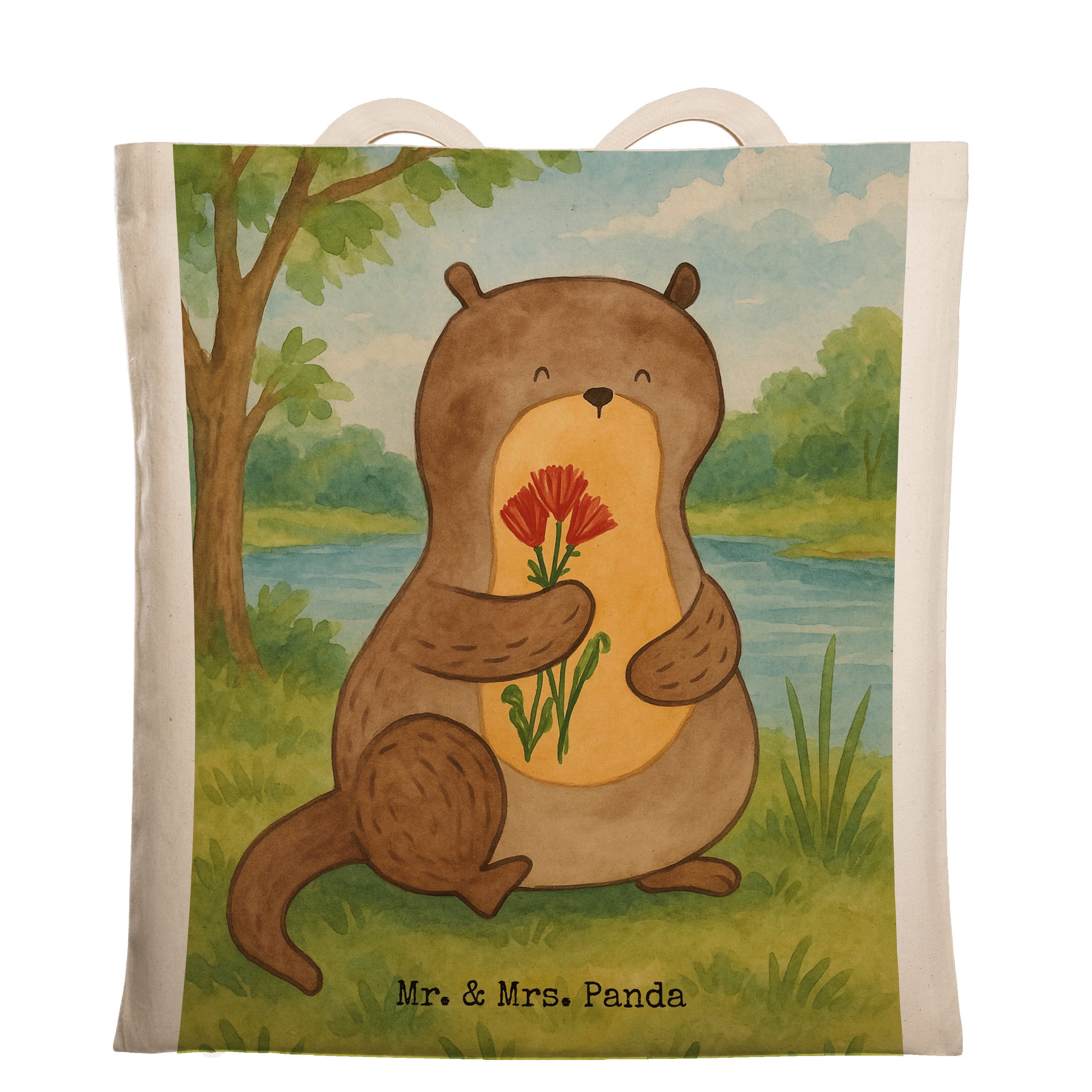 Tragetasche Otter Blumenstrauß Design, Tote Bag, Weiß, Seeotter, Beutel, Niedlich