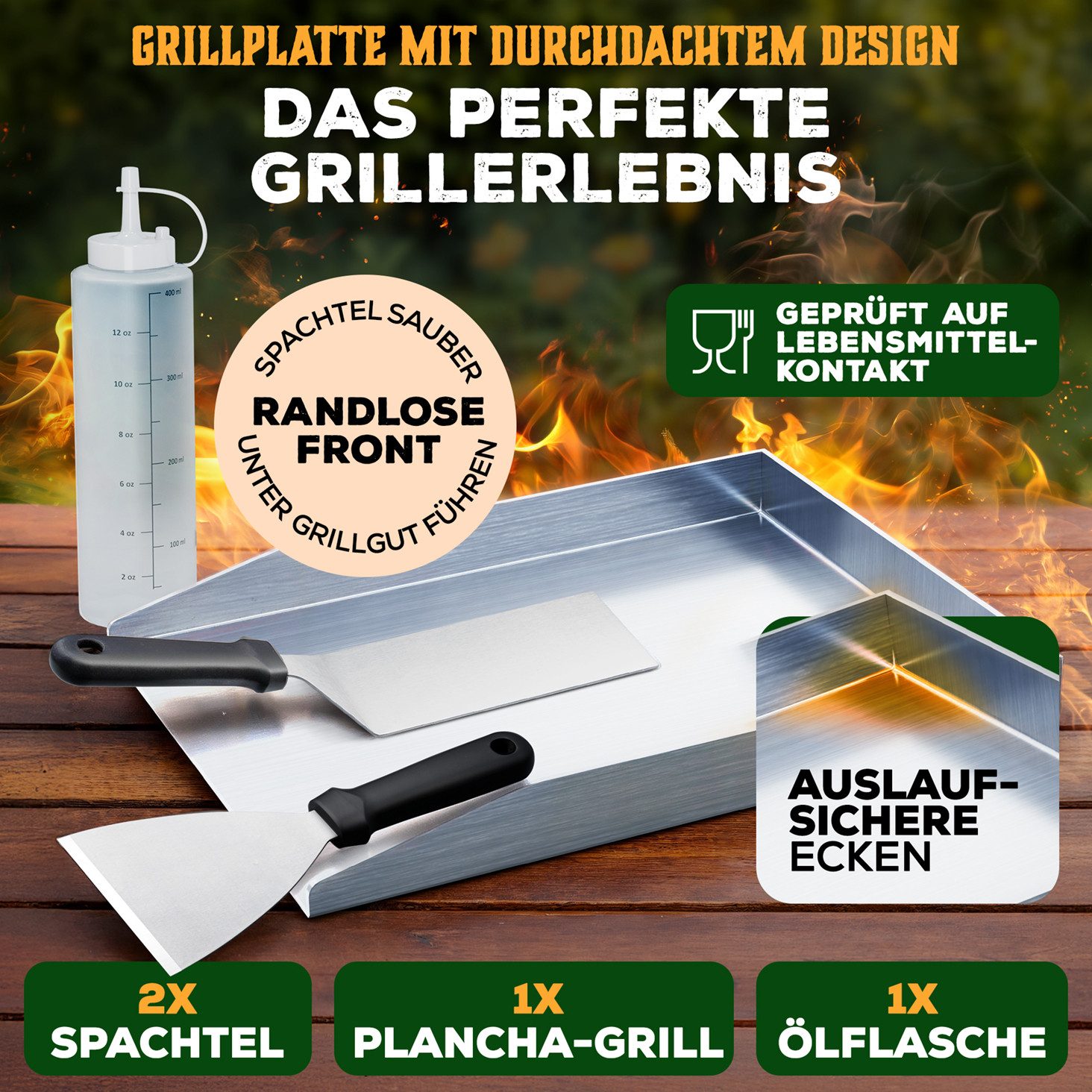 Blumtal Grillplatte Set Plancha Grillplatte Edelstahl inkl. 2 Grillspachteln & Ölflasche (Spar-Set, 4-St), Plancha Grill Set 30x40 cm – Edelstahl, rostfrei & robust für Gasgrill