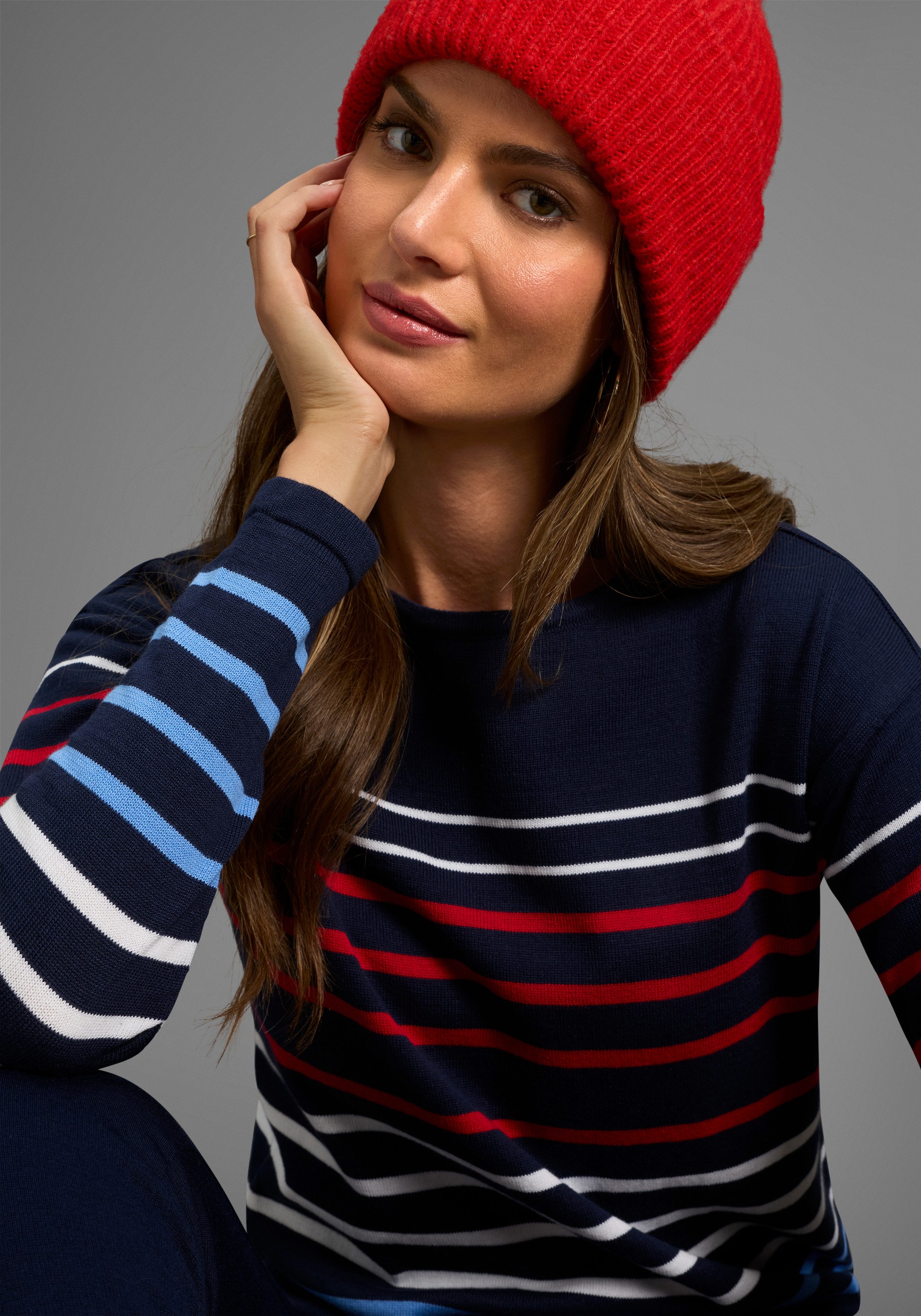 Laura Scott Streifenpullover Feinstrickpullover mit Rundhalsausschnitt und Bindeband. Reduzierter Preis € 32,99. Unverbindliche Preisempfehlung € 39,99, (€ 32,99 pro 1 Stk)