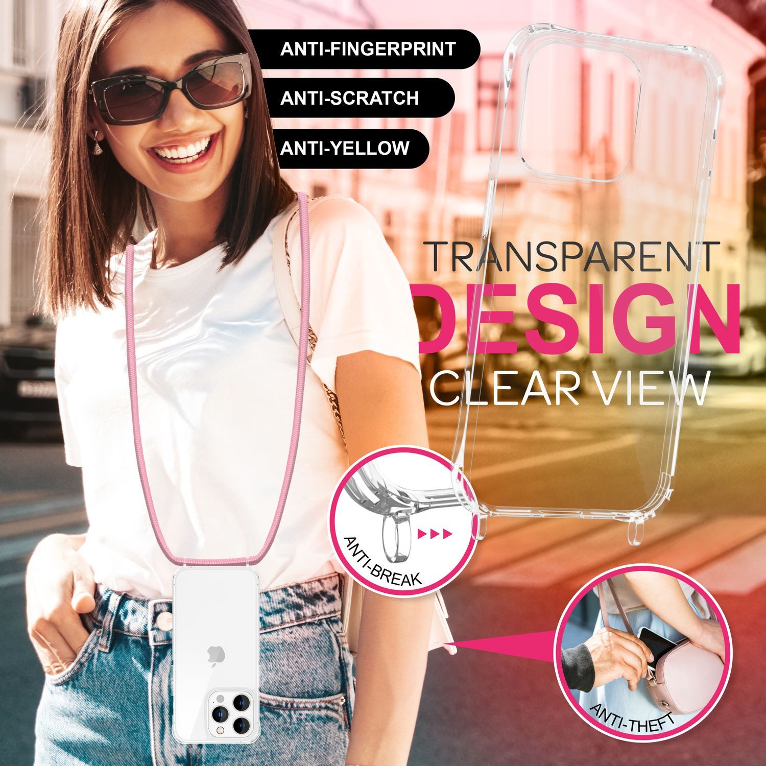 Nalia Handykette Apple iPhone 16 Pro Max 17,5 cm (6,9 Zoll), Klare Hülle mit Band zum Umhängen / Crossbody Transparent Case & Kette