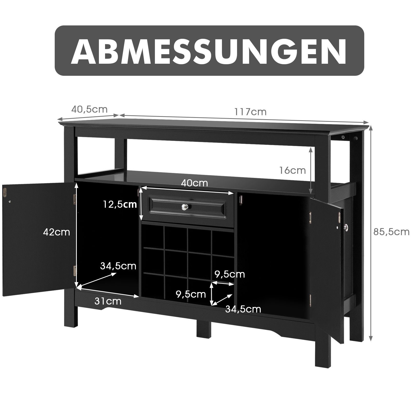 mit Konsolentisch, für Schwarz Fächern, COSTWAY Türen&Schubladen, 117cm Weinregal 12