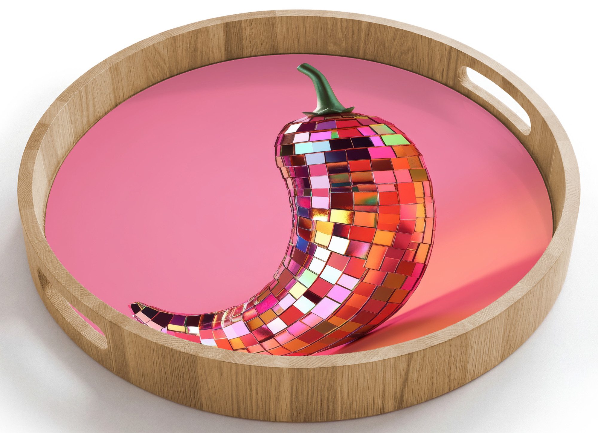 OnlyWow Tablett Rund mit Henkel Paprika - Disco - Rot - Glitzer, Eichenholz, (1-tlg), Siervierplatte, Tray, Frühstücksbrett
