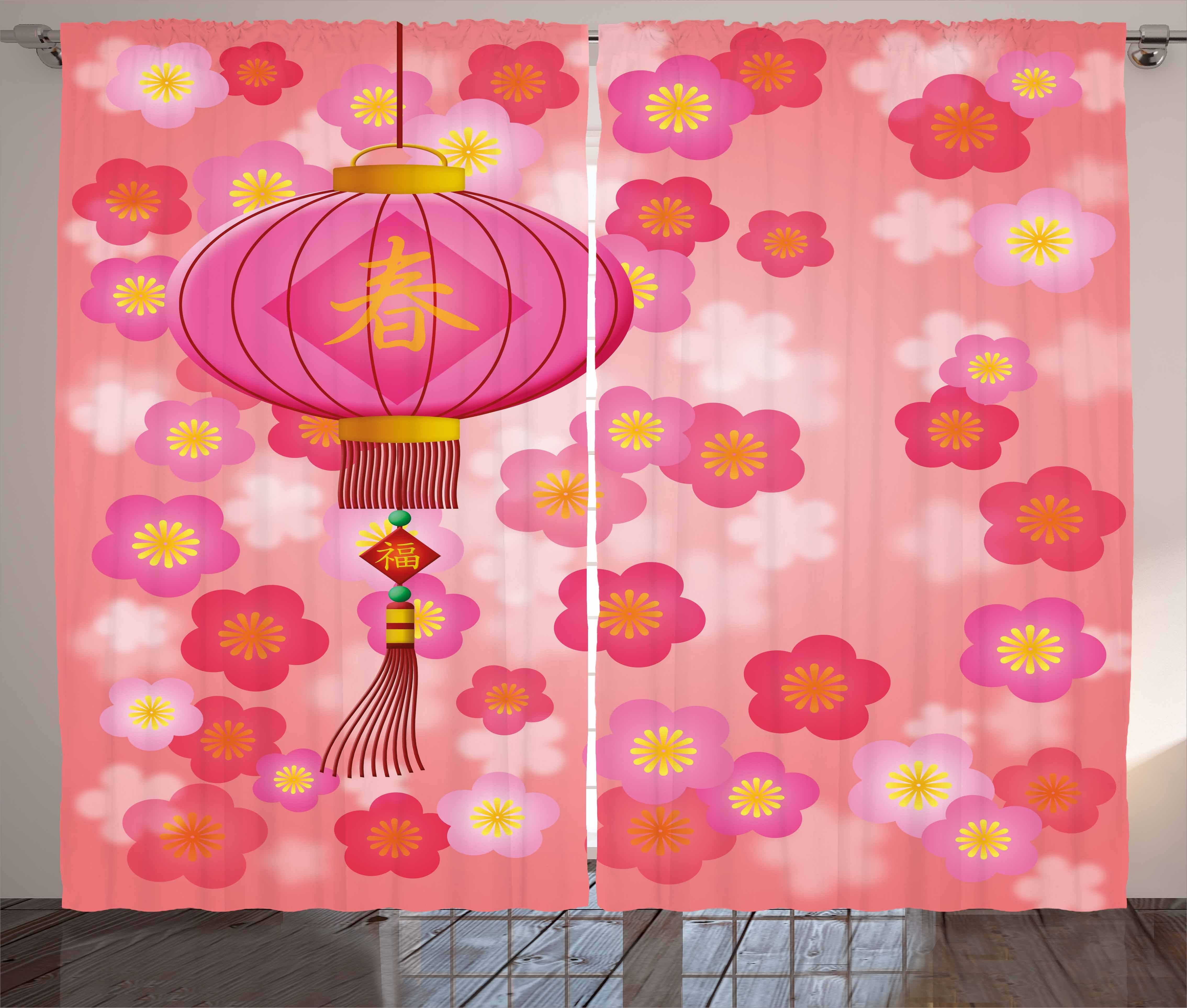 Gardine Schlafzimmer Kräuselband Vorhang mit Schlaufen und Haken, Abakuhaus, Laterne Cherry Blossom Neujahr