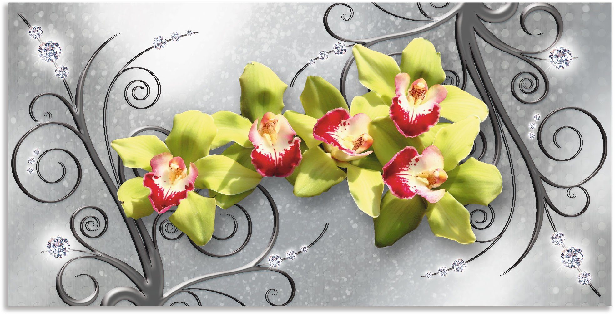 Artland Wandbild »Grüne Orchideen auf Ornamenten«, Blumenbilder (1 Stück), in vielen Größen & Produktarten - Alubild / Outdoorbild für den Außenbereich, Leinwandbild, Poster, Wandaufkleber / Wandtattoo auch für Badezimmer geeignet-Otto