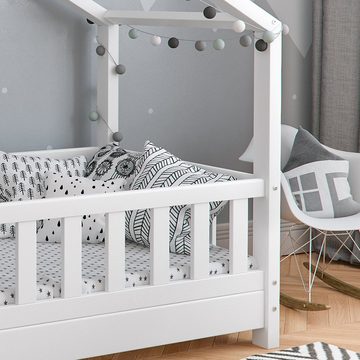 VitaliSpa® Kinderbett Kinderhausbett mit Zaun DESIGN Weiß Matratze