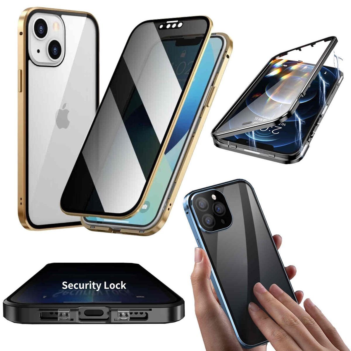 Wigento Handyhülle Für Apple iPhone 15 Pro Max 360 Privacy Magnet Glas Bumper Handy Hülle