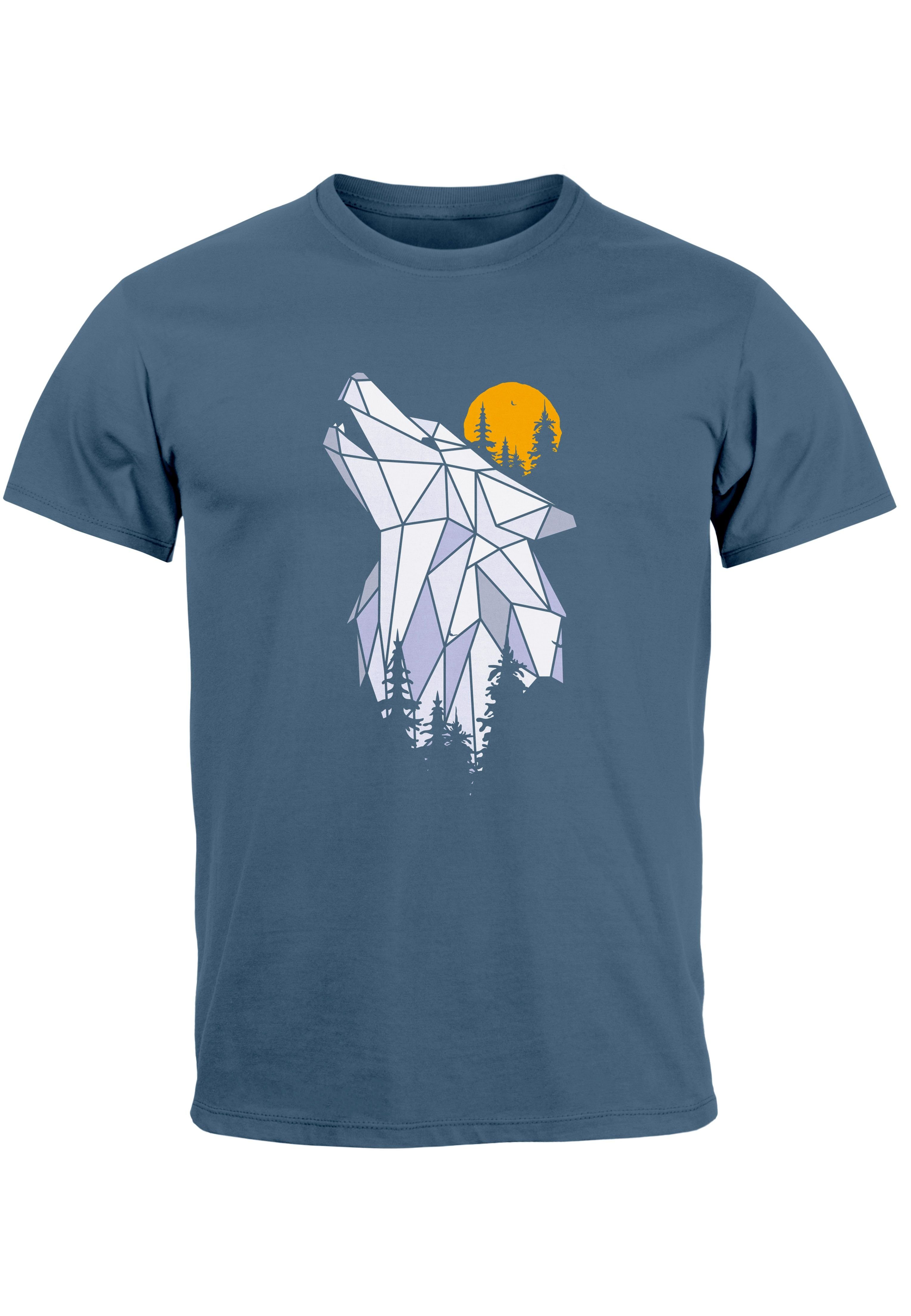 mit blue Print Wolf Neverless Adventure Outdoor denim Wald Print-Shirt Polygon Print Herren Natur Tiermot T-Shirt