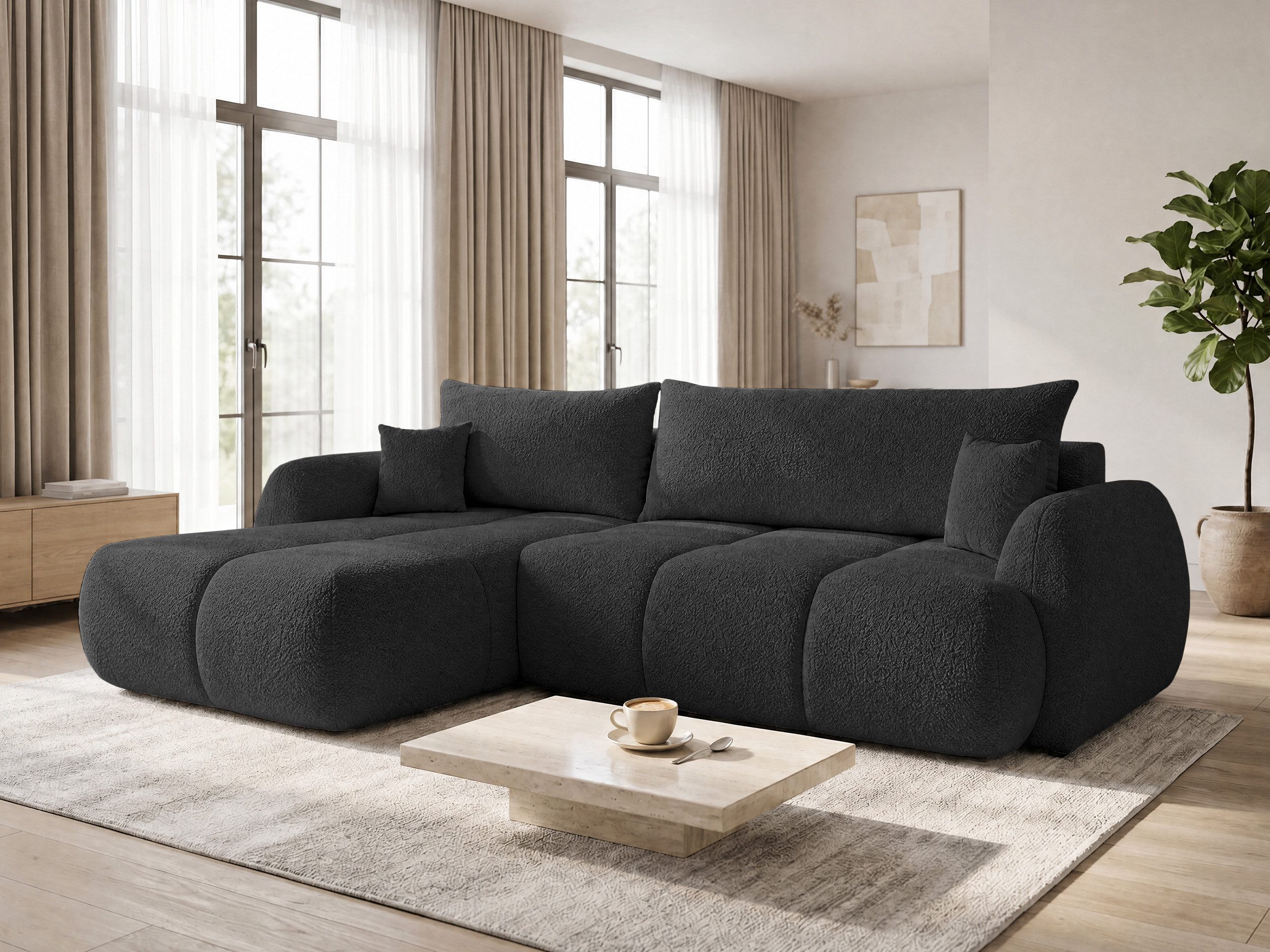 Sofnet Ecksofa Loria, mit Schlaffunktion und Bettkasten, Weiches Schlafsofa mit Wellenfeder, L-Form Couch, Bouclé