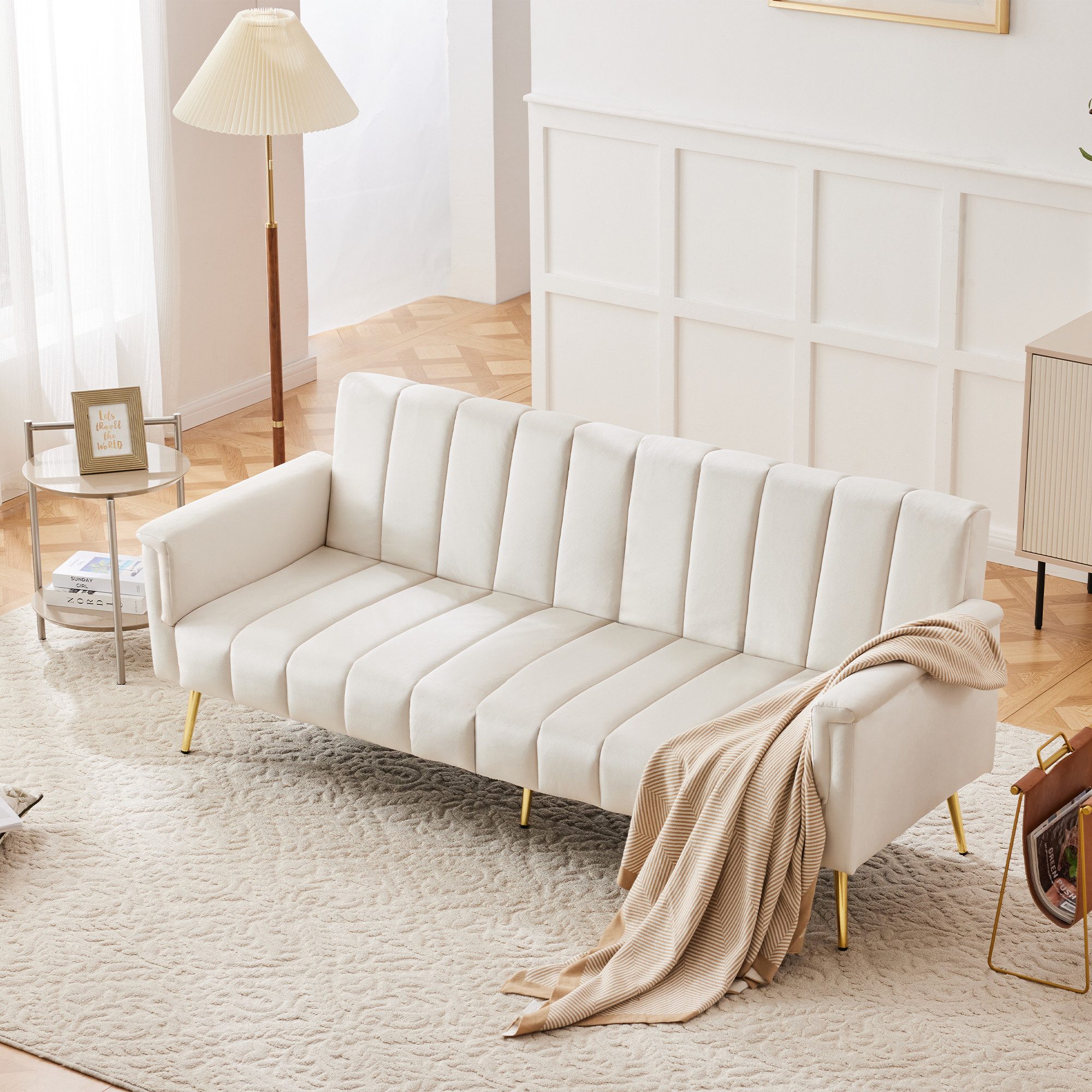 Flieks Schlafsofa klappbares Sofa mit Schlaffunktion, mit verstellbarer Rückenlehne und Armlehnen 2 Teile, Polstersofa Bettsofa mit Relaxfunktion Gästebett Liegesofa Samt