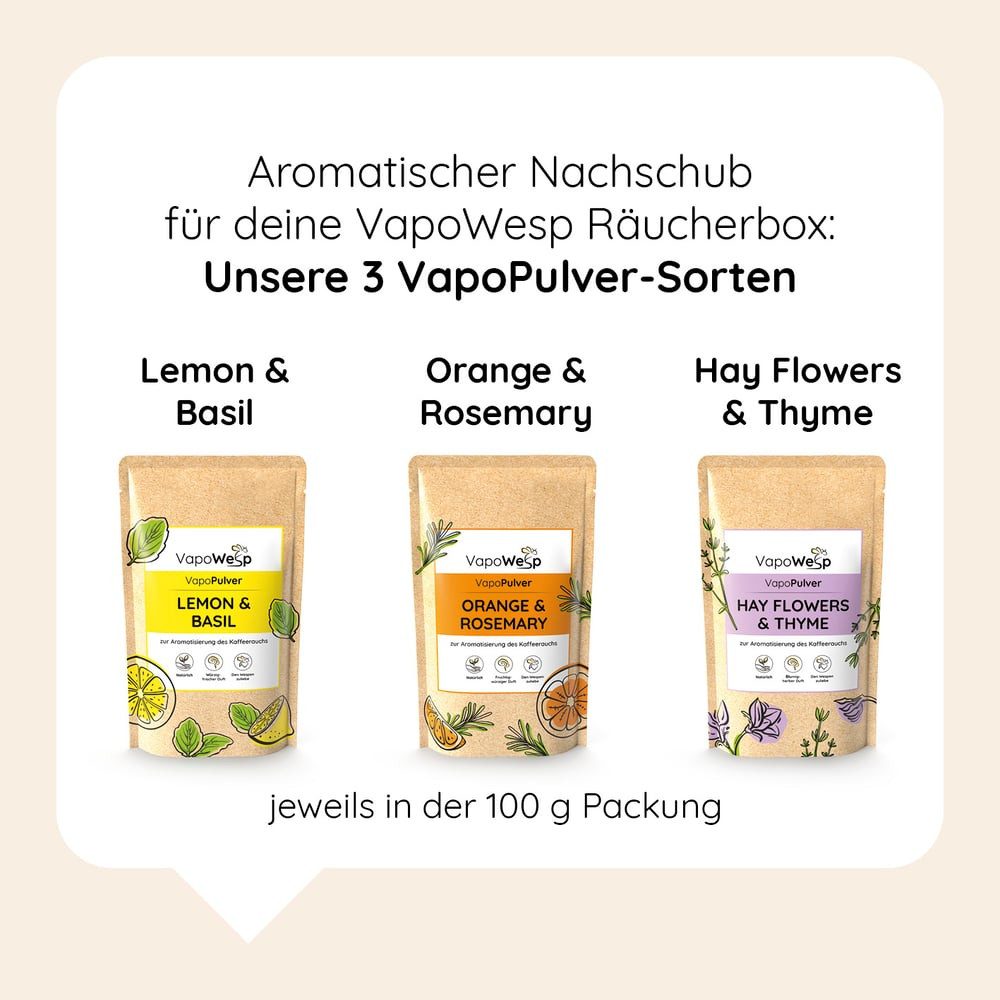 VapoWesp Wespennestattrappe VapoPulver Set 3-tlg. Hay Flowers, Lemon, Orange je 100g, (1-St), Vapo Wesp Duft für die Räucherbox nicht im Lieferumfang enthalten