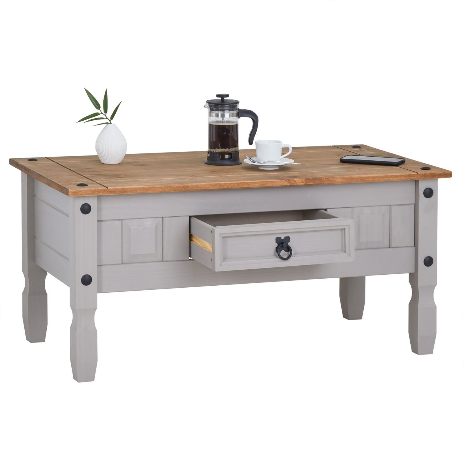 CARO-Möbel Couchtisch RAMON, Couchtisch Wohnzimmer Sofatisch 1 Schublade Kiefer massiv Mexiko-Stil