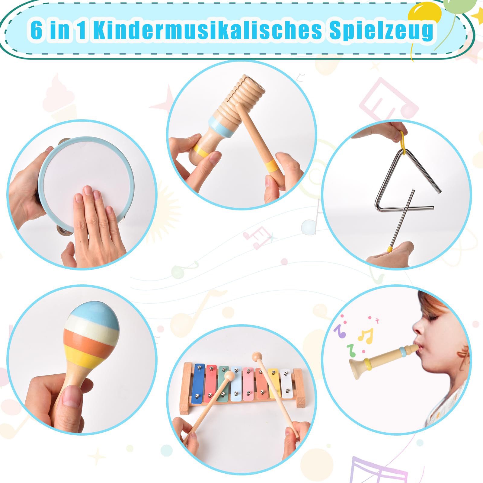 CLTYQ Lernspielzeug Baby Musikinstrumente Montessori-Holzspielzeug für Kleinkinder von 3, 6 in 1 Musikinstrumente Holzspielzeug modernem Boho-Xylophon