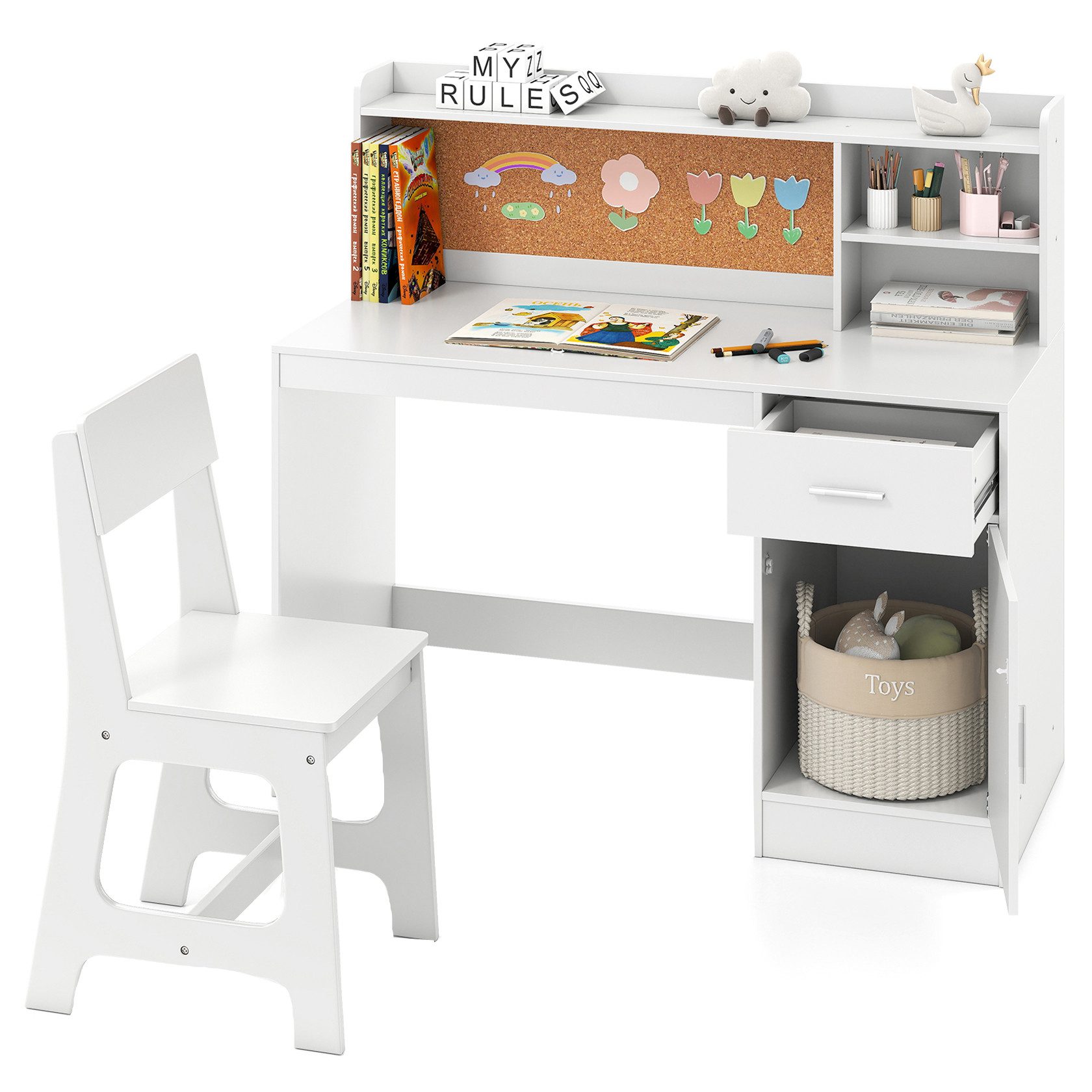 KOMFOTTEU Kinderschreibtisch, Schreibtisch mit Regal, Schublade, Schrank & Pinnwand