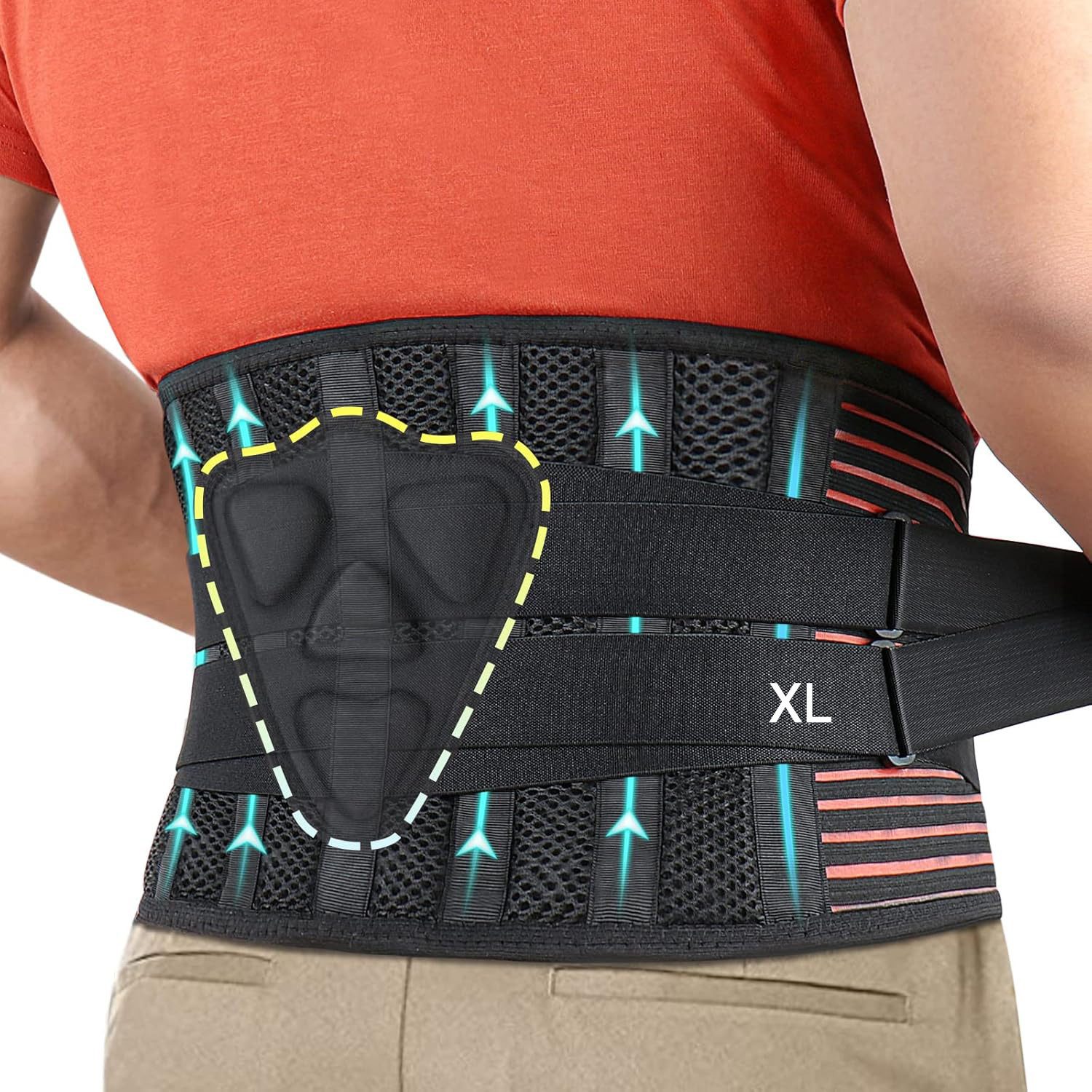 MOPUEA Rückenbandage Rückenstützgürtel mit 4Metallstützen+2elastische Federn (Leichtes, atmungsaktives, 1-tlg., 3D-Lendenkissen sorgt für festen Sitz & gleichmäßige Druckverteilung), Rückenstützgurt für Komfort bei Alltag, Arbeit & Sport.