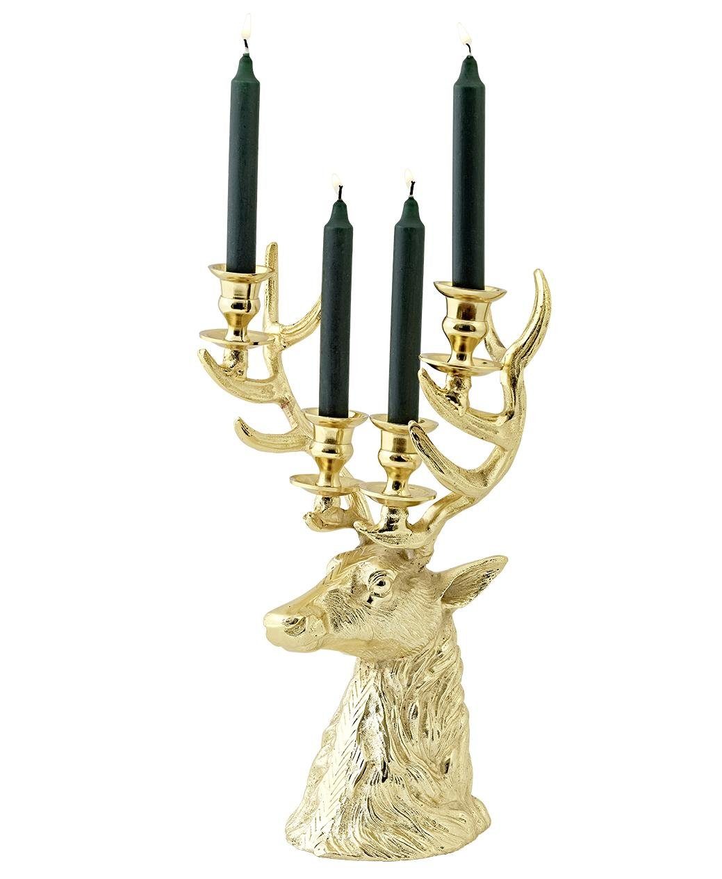 EDZARD Kerzenhalter Richard, Gold-Optik, Hirsch-Design, für 4 Stabkerzen, vernickelt, H 43 cm
