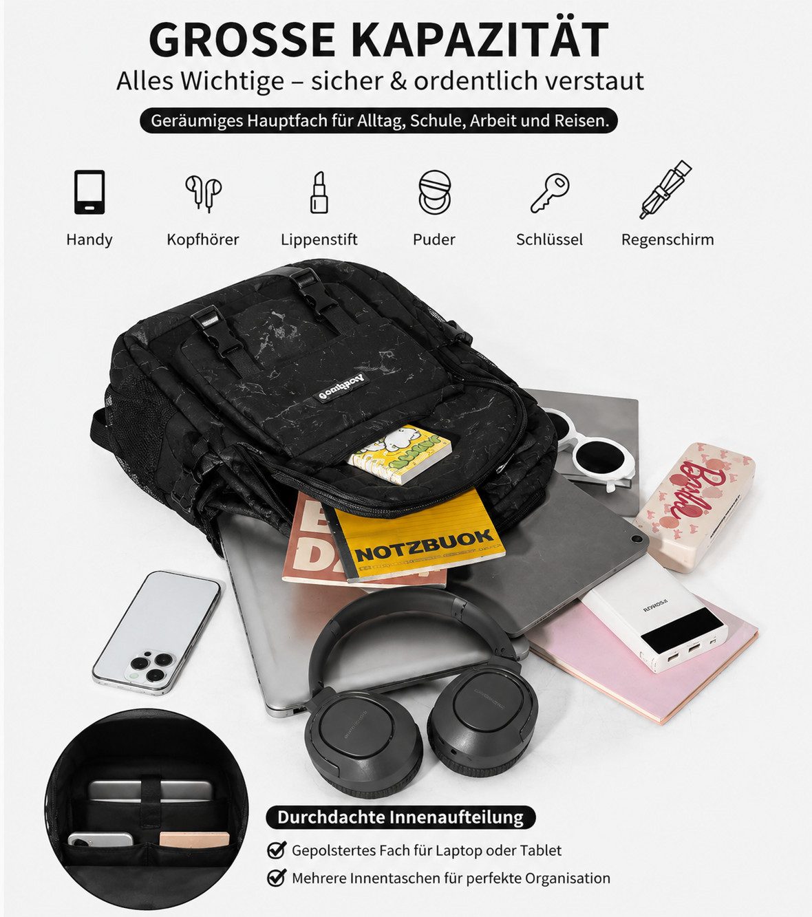 Toomoke Schulrucksack 3tlg Rucksack Set mit Umhängetasche Federmäppchen Schulrucksack (Vielseitiges Taschen Set, mit großem Stauraum, mehreren Fächern und modernem Marmordesign), für Schule, Arbeit und Freizeit
