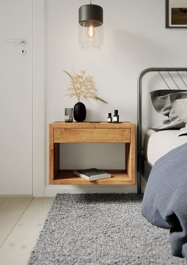 Woodek Design Nachttisch HUGO 55, griffloser Beistelltisch (Ablagetisch aus unbehandeltem Eichenholz, 1-St., schwebendes Wandregal mit Schublade), moderne Nachttischkonsole