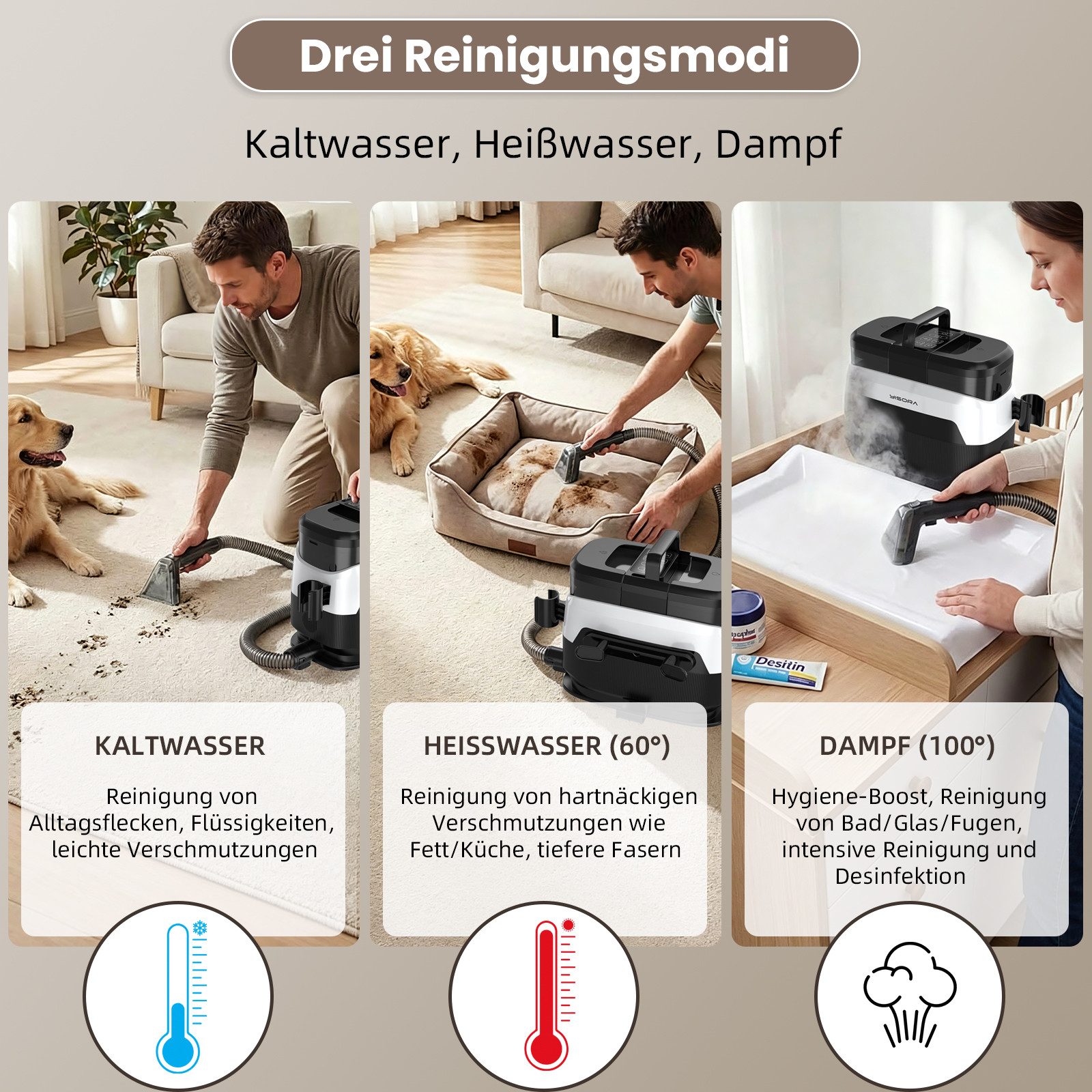 Grenintol Teppichreinigungsgerät,Waschsauger,Teppichreiniger,Polsterreiniger Gerät mit Dampferhitzung, 1650 W, Fleckenreiniger 35 KPA starke Saugleistung, Tiefenreinigung in vier Modi, Die Dampftemperatur ist verstellbar von 65℃ bis 100℃, Für Küchenfett, Teppiche, Polstermöbel, Sofas, Autos, Haustiere.