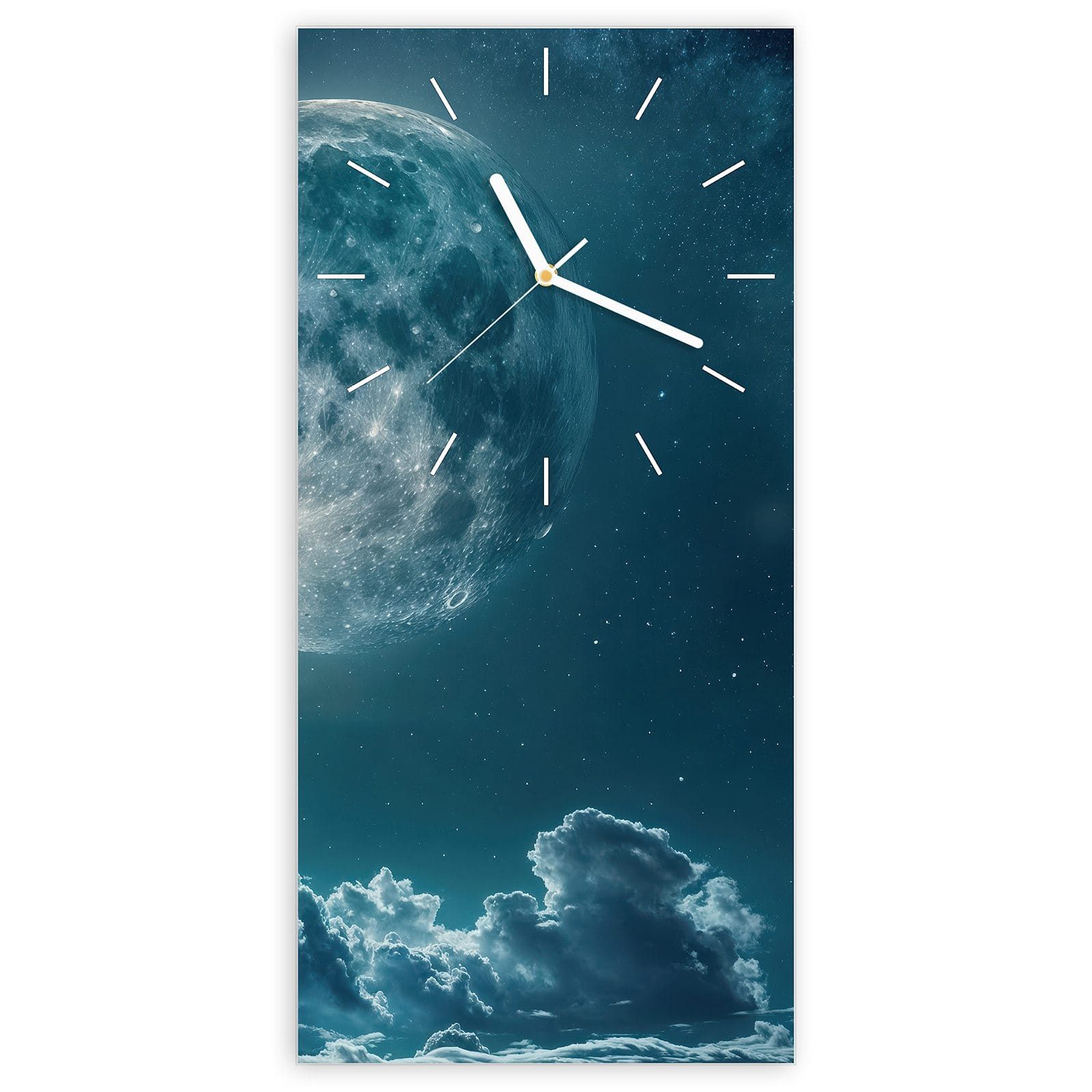 Wanduhr Glasuhr Wandkunst Größe 30 x 60 cm mit Motiv Mond über Wolken