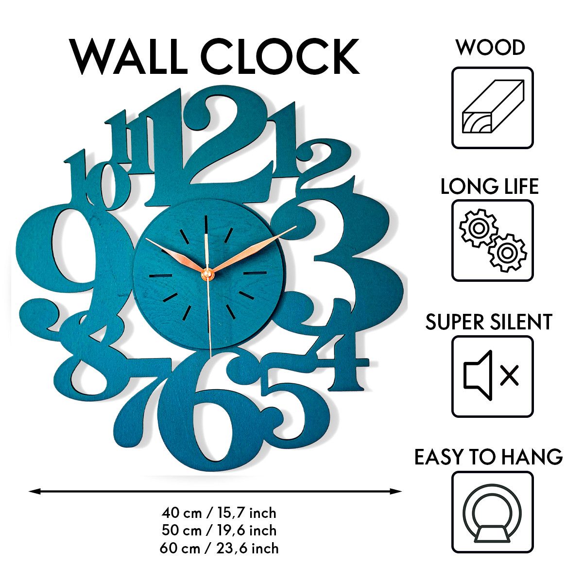 ORNAMENTI Wanduhr Handmade, grosse,modern, geometrisch, holz, hingucker Wanduhr (ohne Ticken, Wanddeko, Holzdeko, 3 Größen 40, 50, 60 cm)