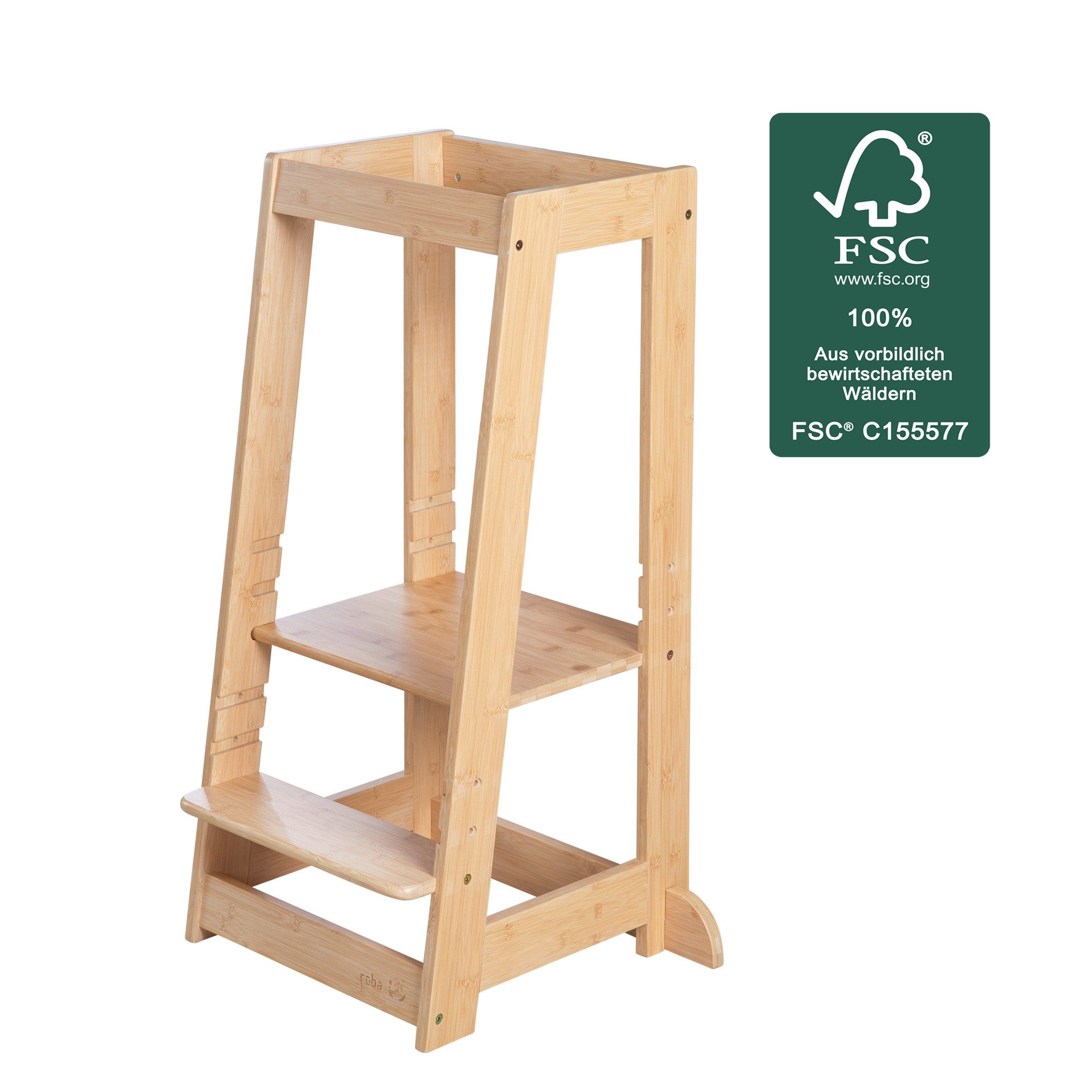 roba® Stehhilfe Lernturm Montessori - Sicherer Tritthocker für Kinder - Umkippschutz (ab 1 Jahr - bis 80kg belastbar - extra stabil), Küchenhelfer - Höhenverstebllar - FSC - Massives Bambus Holz