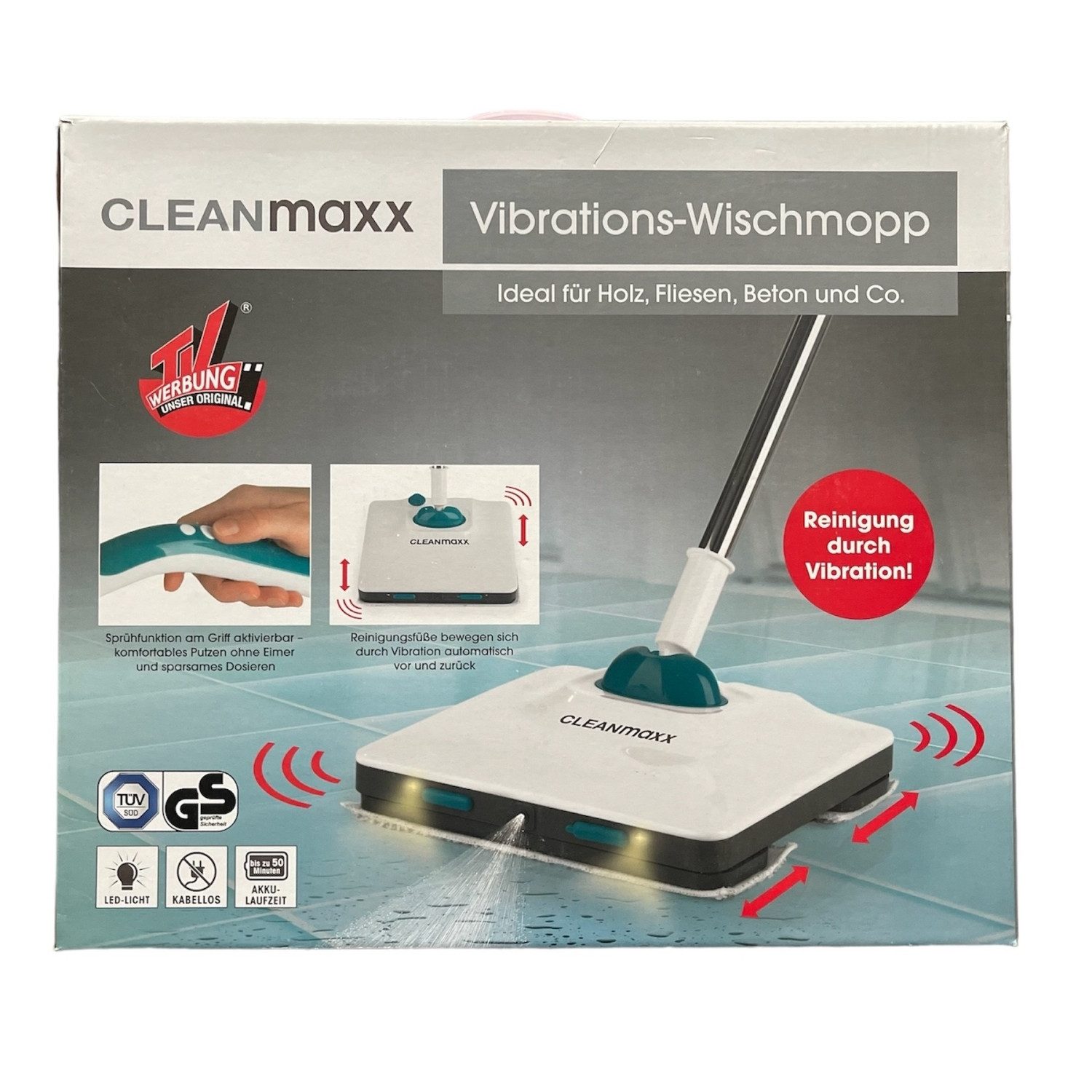 CLEANmaxx Akku-Wischmopp CleanMaxx LED Bodenwischer Reiniger Sprühmop Vibrationsfunktion Wisch