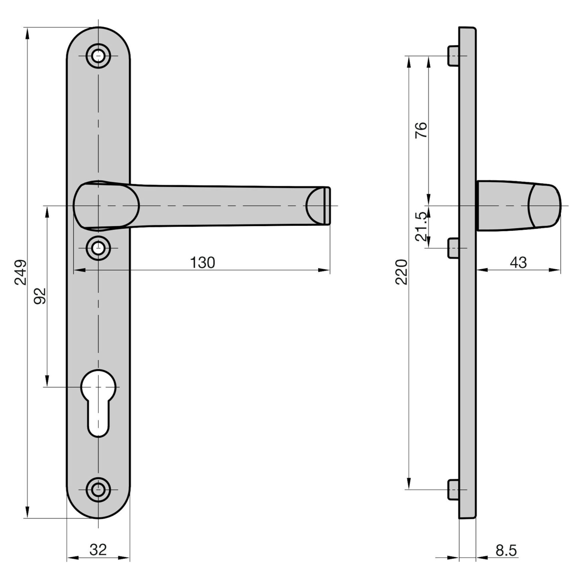 BASI Türbeschlag 1/2 Schmalrahmen-Garni. PZ 92/8 mm, Alu Tübeschlag (Packung), Edelstahlfarben, ohne Schrauben, rundes Langschild, PZ-Vorrichtung