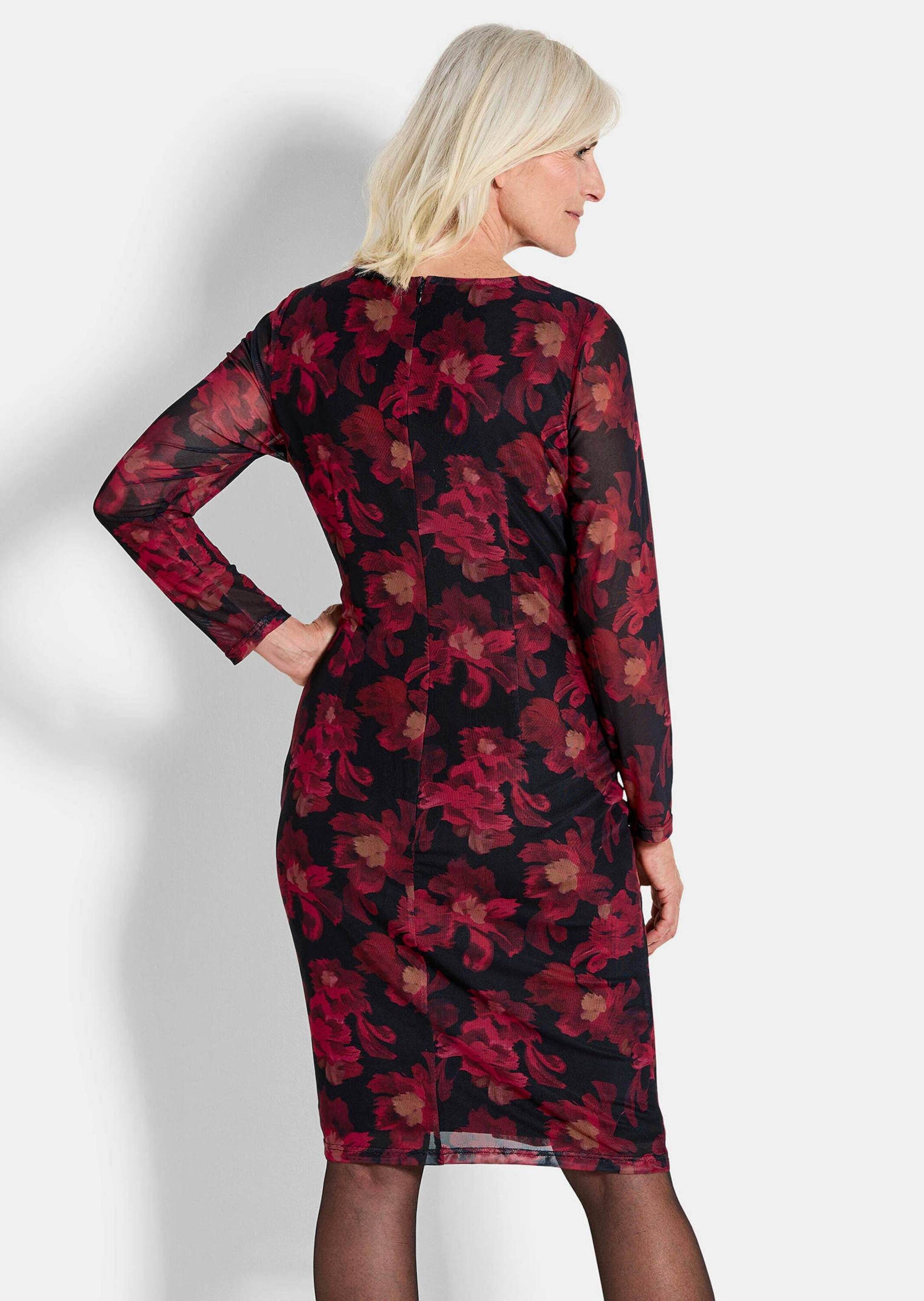 GOLDNER Abendkleid Printkleid mit Blumenmuster Stretchkleid mit U-Boot-Ausschnitt, Knielänge und Langarm