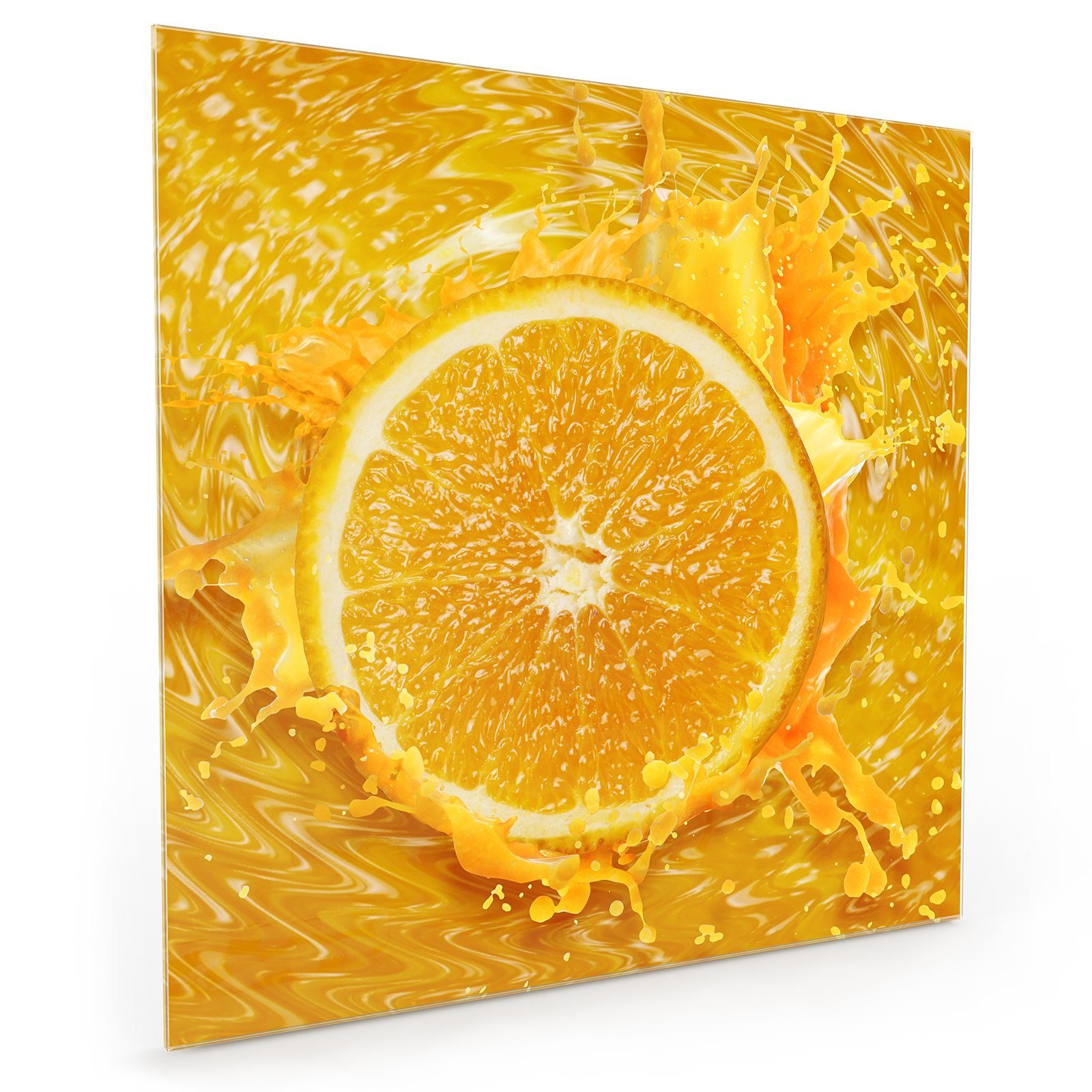 Primedeco Küchenrückwand Spritzschutz Glas Orange fällt in Saft