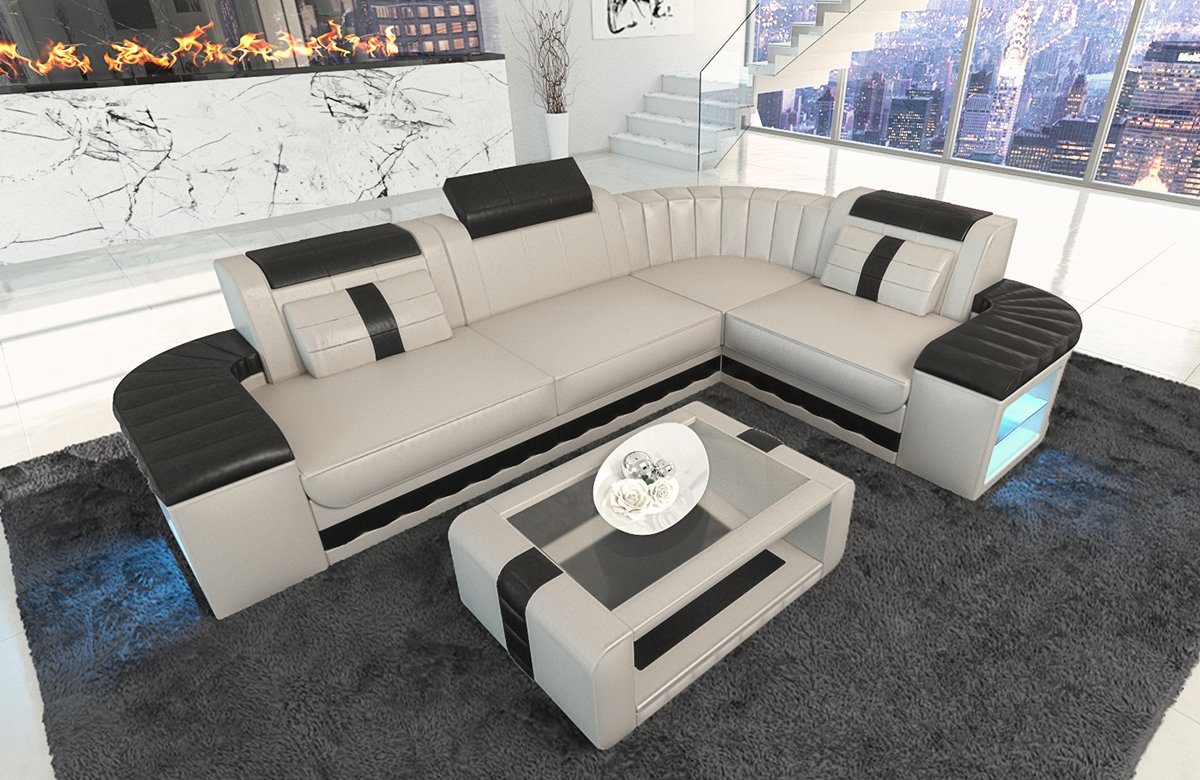 Sofa Dreams Ecksofa Ledercouch Ledersofa Bergamo L Form Leder Sofa, Couch, mit LED, wahlweise mit Bettfunktion als Schlafsofa, Designersofa
