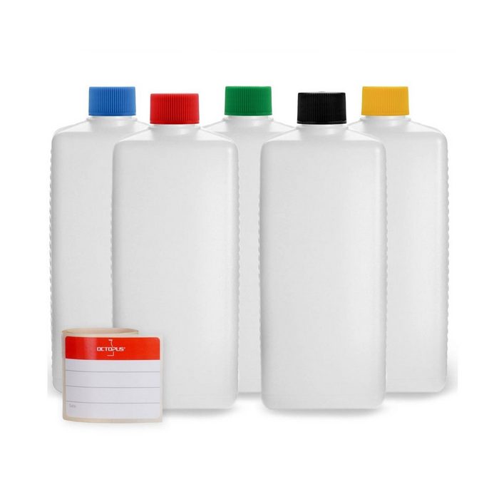 OCTOPUS Kanister 5 Plastikflaschen 500 ml eckig aus HDPE mit farbigen Schraubverschlüss (5 St)