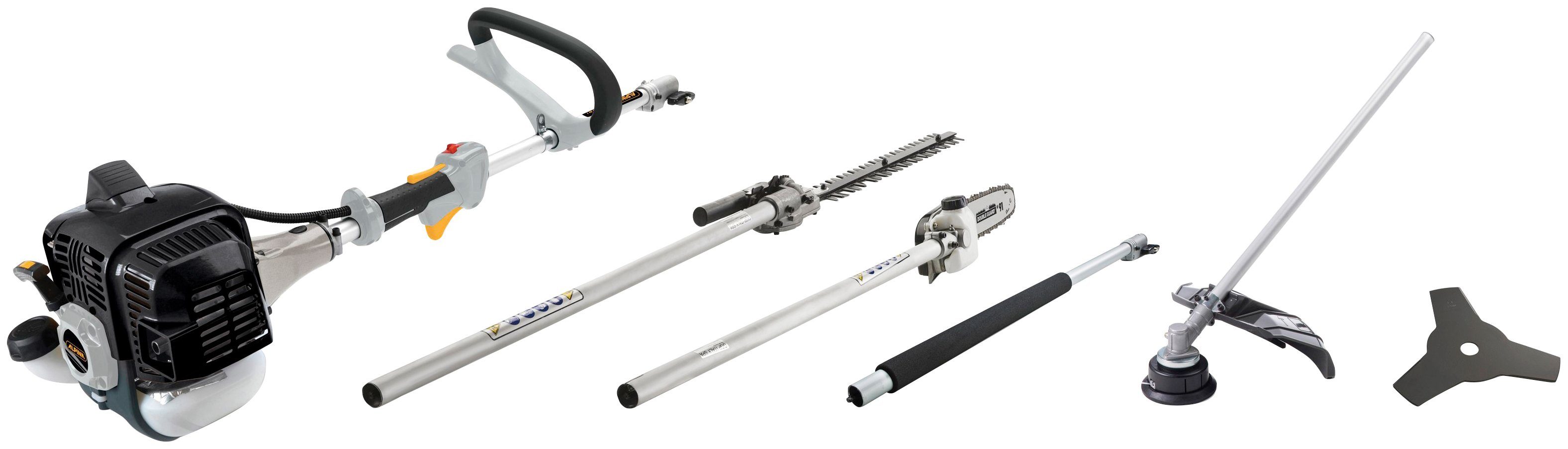 Alpina-Garden Benzin-Motorsense AMT 26 - 5 in 1, 25,5 cm Arbeitsbreite Messer, 43 cm Arbeitsbreite Faden, (Set), mit Heckenscheren- und Hochentasteraufsatz
