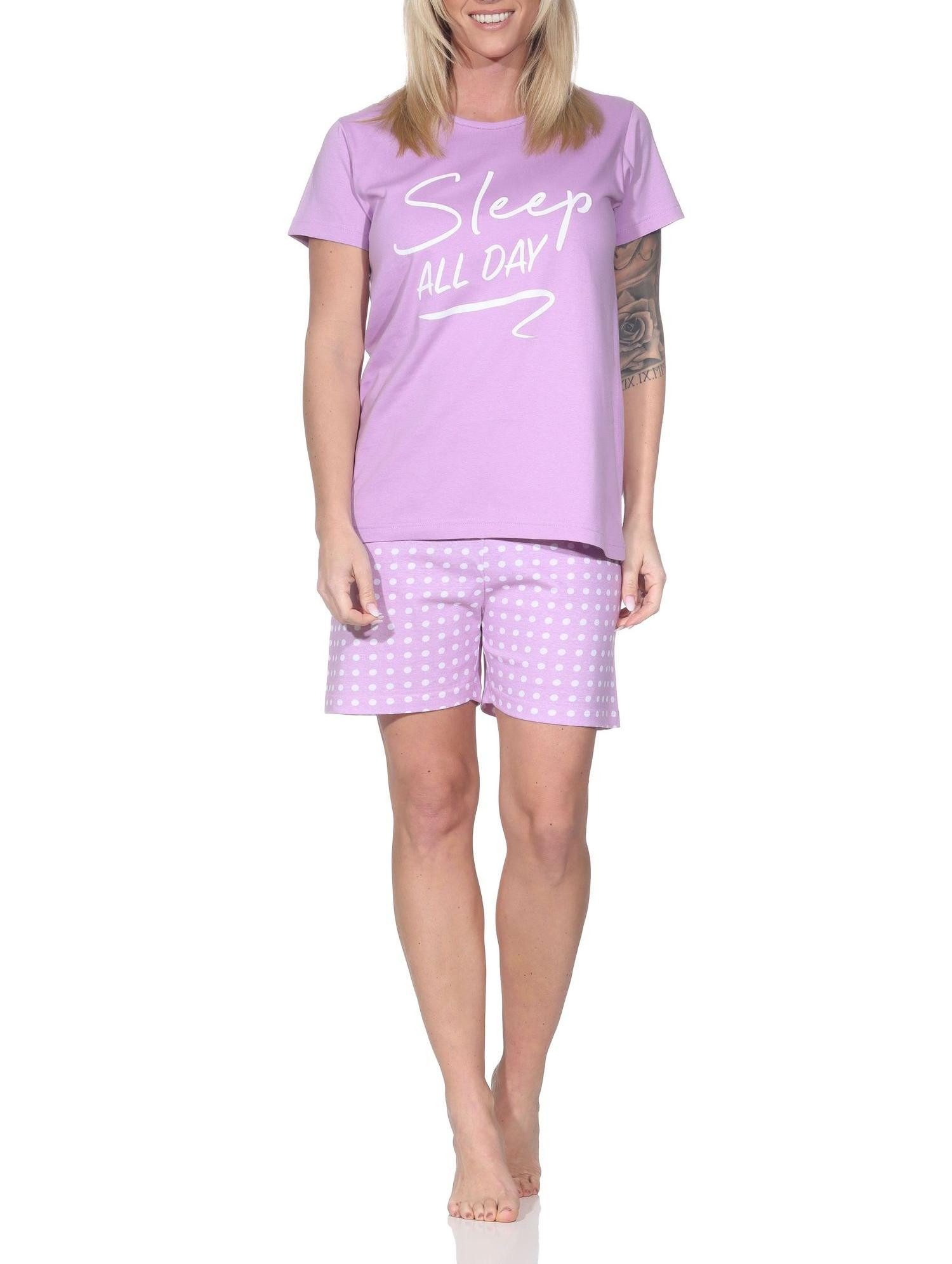 Pyjama Normann Damen Schlafanzug Shorty kurzarm mit gepunkteter Pyjamahose