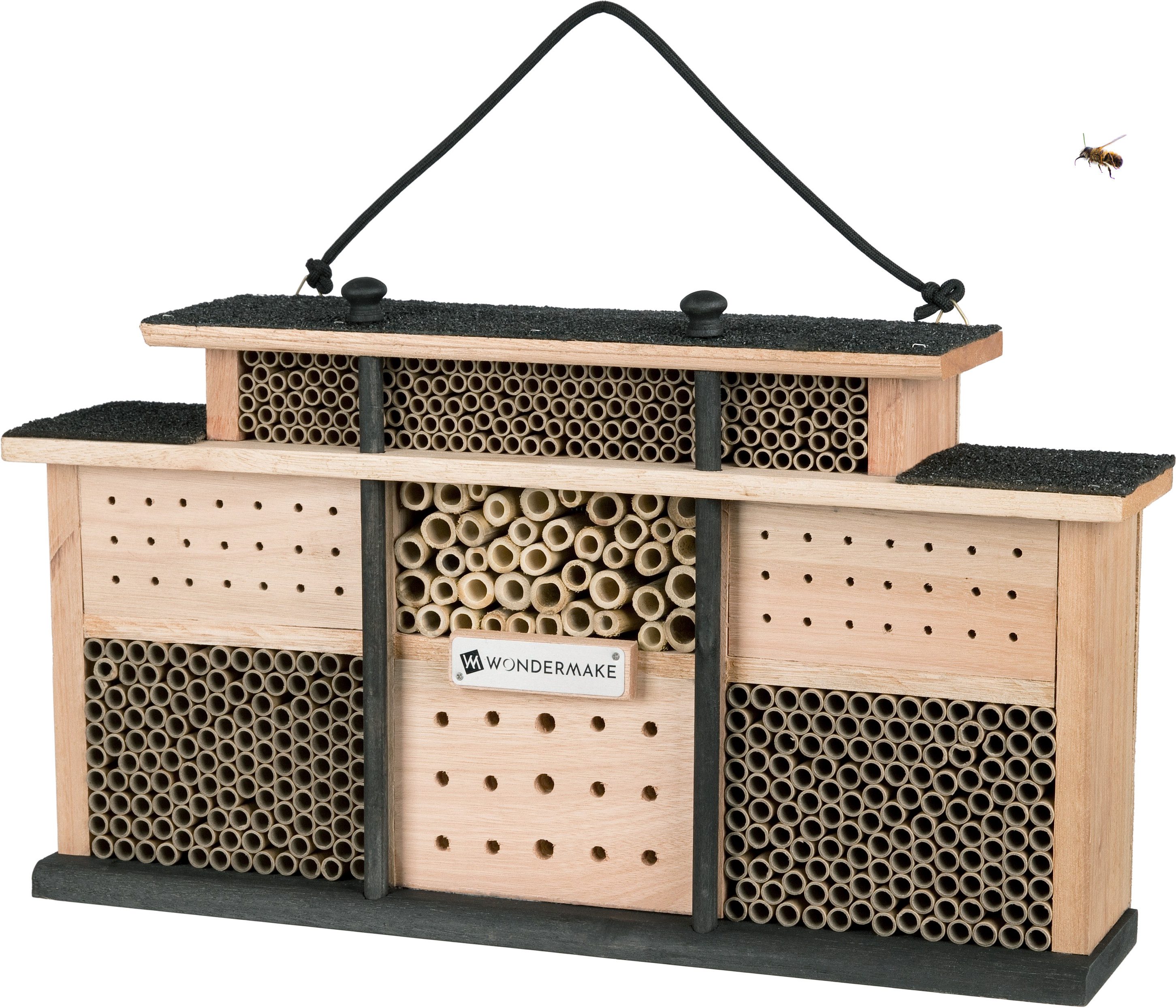 WONDERMAKE Insektenhotel Holz, Bienenhotel Bienenhaus Insektenhaus Wildbienenhotel Insekten, Wildbienen Nisthilfe groß, hängend / stehend Garten Balkon wetterfest