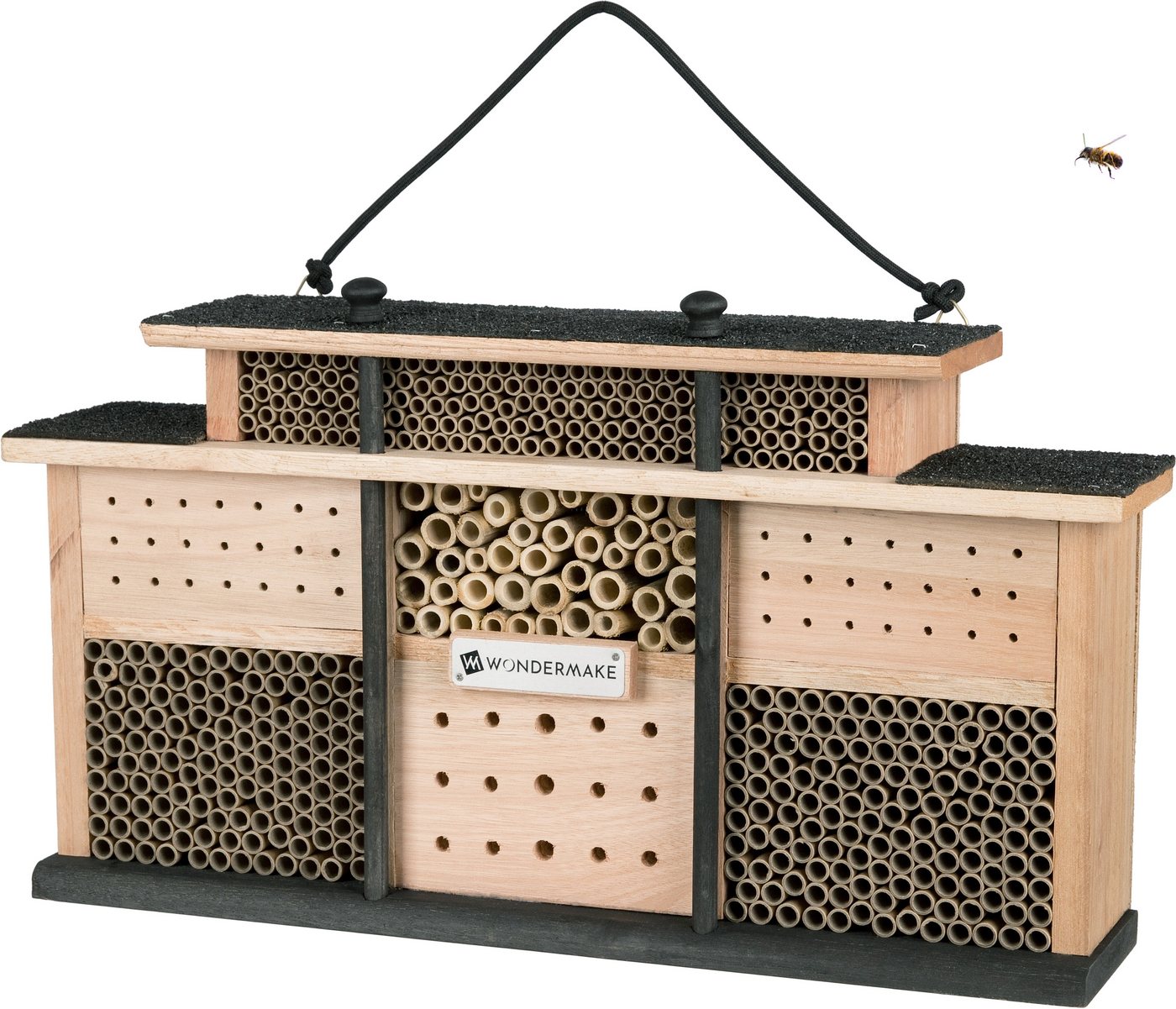 WONDERMAKE Insektenhotel Holz, Bienenhotel Bienenhaus Insektenhaus Wildbienenhotel Insekten, Wildbienen Nisthilfe groß, hängend / stehend Garten Balkon wetterfest