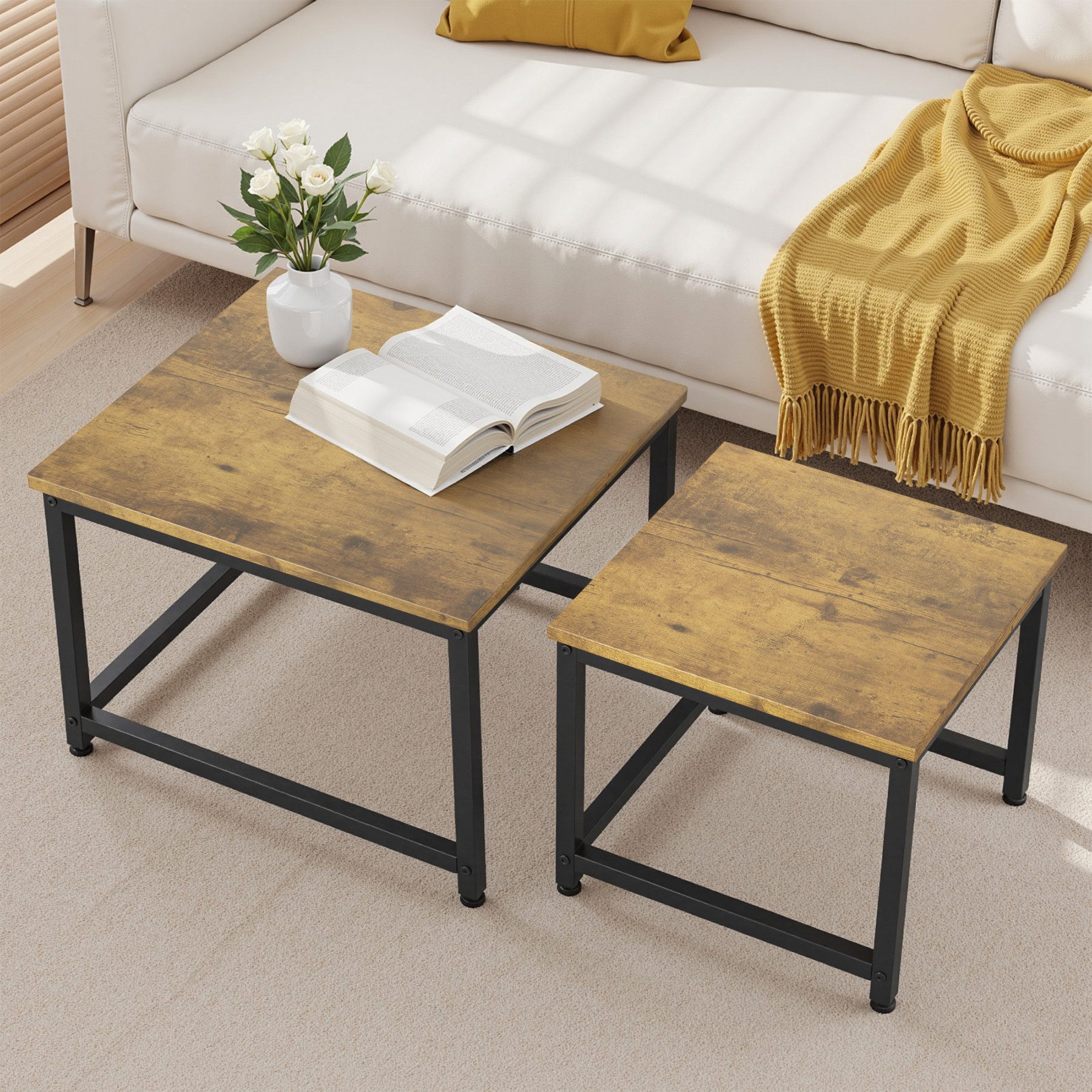 HawthyHome Couchtisch 2er-Set quadratischer Wohnzimmertisch aus Holz mit Metallgestell (2-St), moderner Beistelltisch für Wohnzimmer und Schlafzimmer, platzspar – Bild 4 von 5