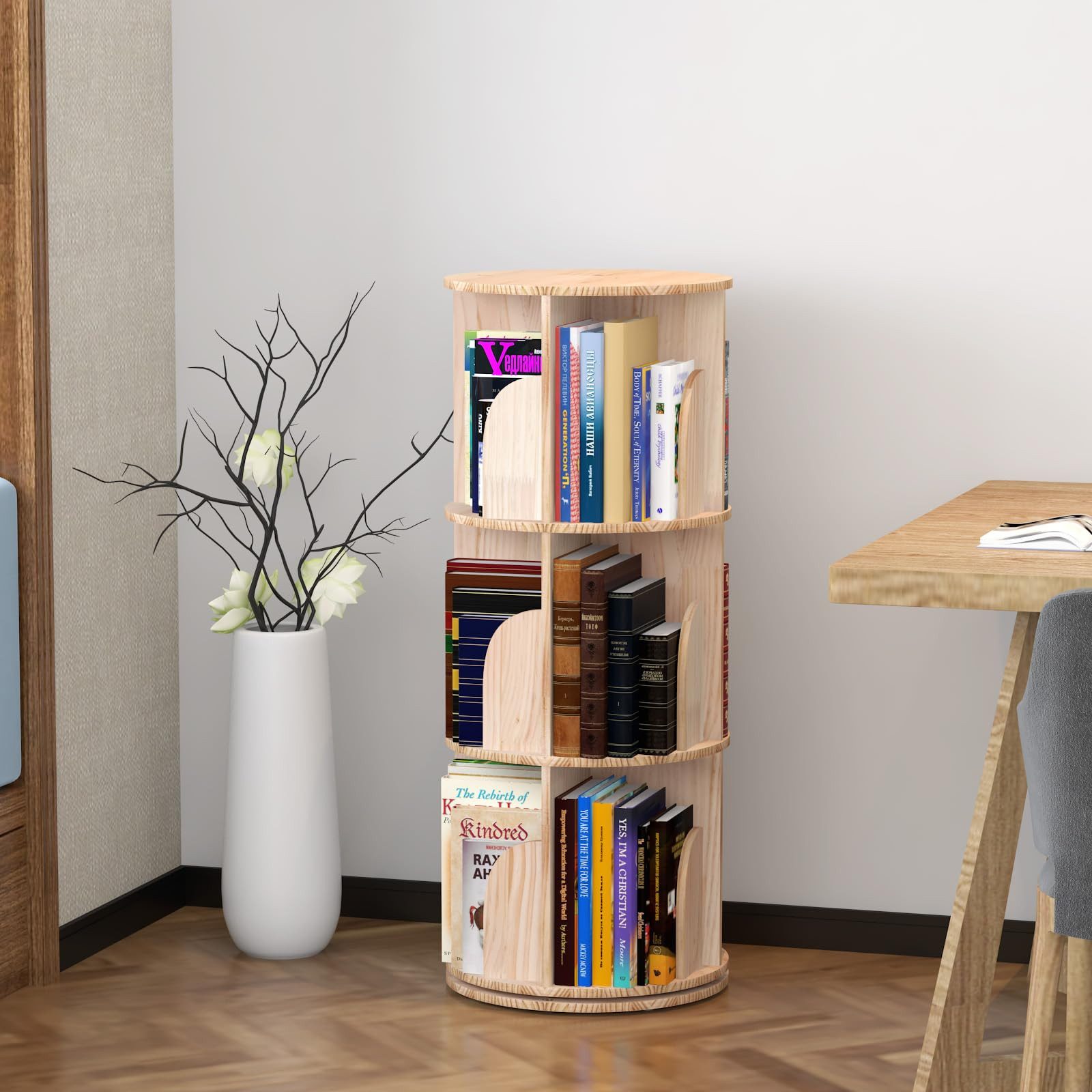 GarveeMore Bücherregal 360 Grad drehendes Bücherregal massives Holz stehendes Regalboden – Bild 4 von 5